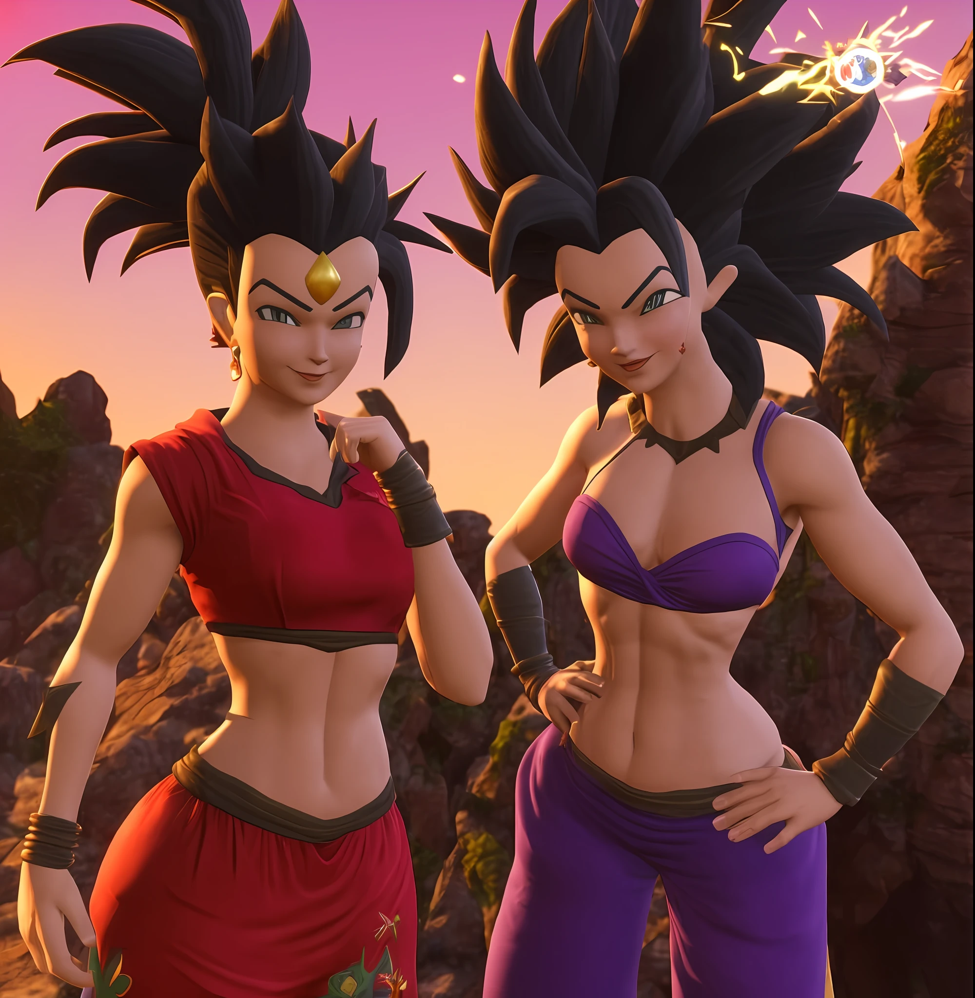 uma imagem  de duas mulheres bem encorpadas em torno dos 18 anos em roupas vermelhas e roxas (insanamente detalhado:1.5), mulher saiyajin, pose, Personagens Caulifla e Kale