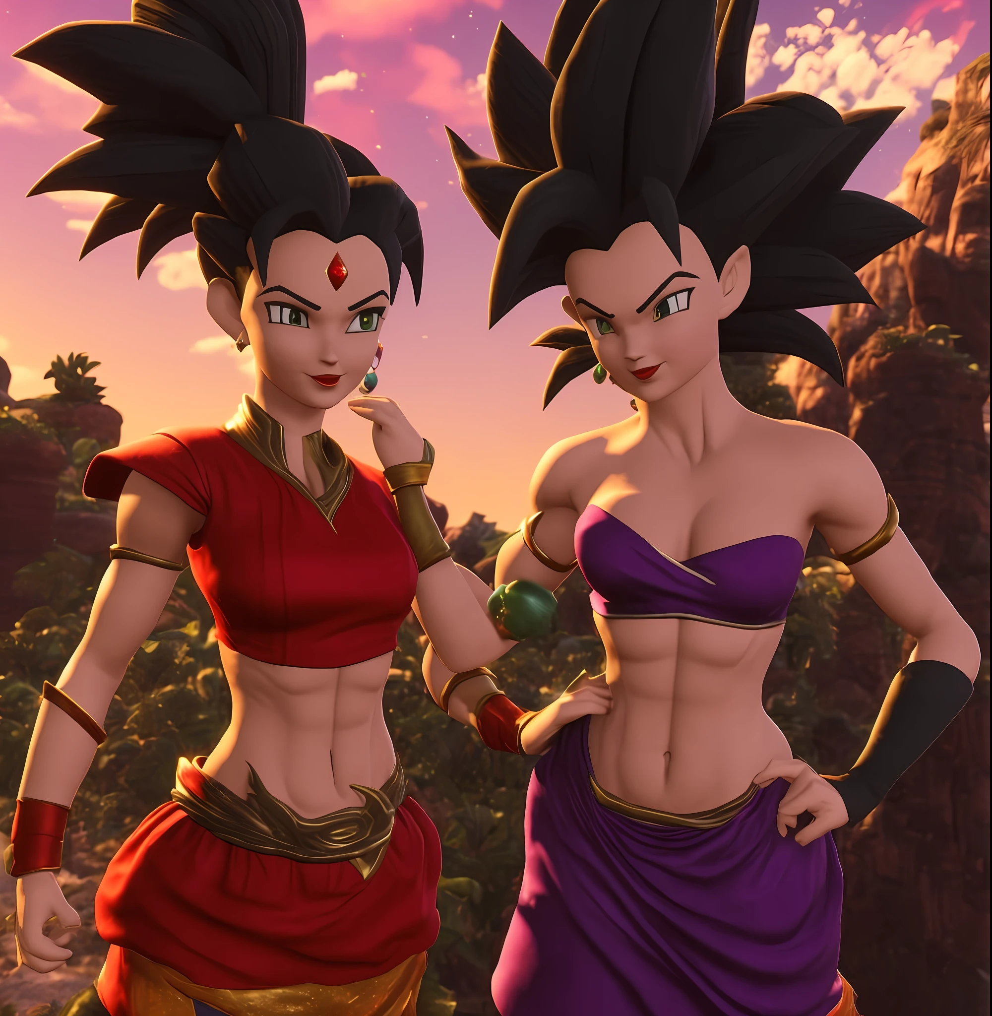 uma imagem de duas mulheres bem encorpadas em torno dos 18 anos em roupas vermelhas e roxas (insanamente detalhado:1.5), mulher saiyajin, pose, Personagens Caulifla e Kale
