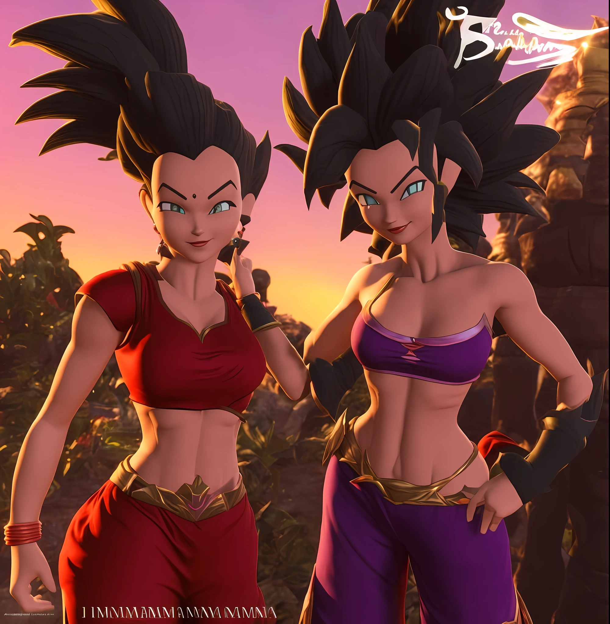 uma imagem de duas mulheres bem encorpadas em torno dos 18 anos em roupas vermelhas e roxas (insanamente detalhado:1.5), mulher saiyajin, pose, Personagens Caulifla e Kale