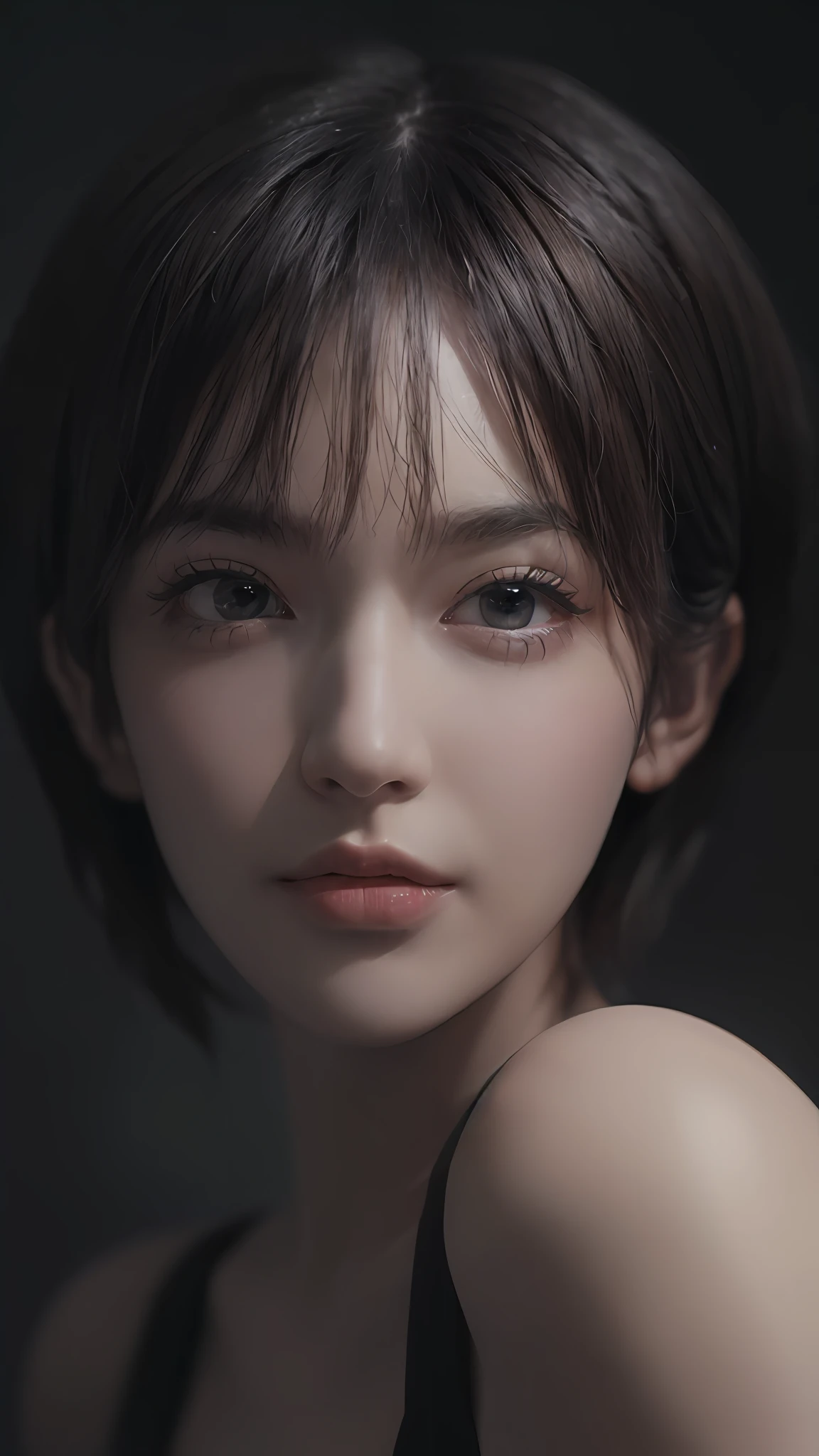 ((Photorealistic, RAW photo, Best quality, Masterpiece :1.3)), A pretty woman, Short hair, Attractive gaze, Black tops, Dynamic lighting, Cinematic lighting, In the dark:1.6, Deep shadow, Highly detailed face