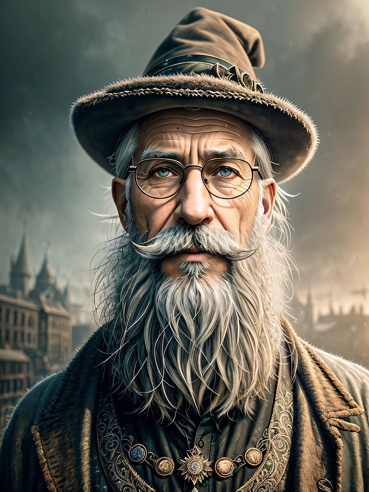 a portrait photo Old man, Merlin, dirty, masterpiece, (beautiful detailed eyes:1.1), best quality, big mustache, illustration, (detailed lighting:1.4), (beautiful detailed glow:1.3), fur coat, thick fur, witch hat, old glasses, intricate, digital painting, smooth, sharp focus, end of the world, epic realistic, (hdr:1.4), (muted colors:1.4), apocalypse, abandoned, neutral colors, night, screen space refractions, (intricate details), (intricate details, hyperdetailed:1.2), artstation, cinematic shot, vignette, complex background, building