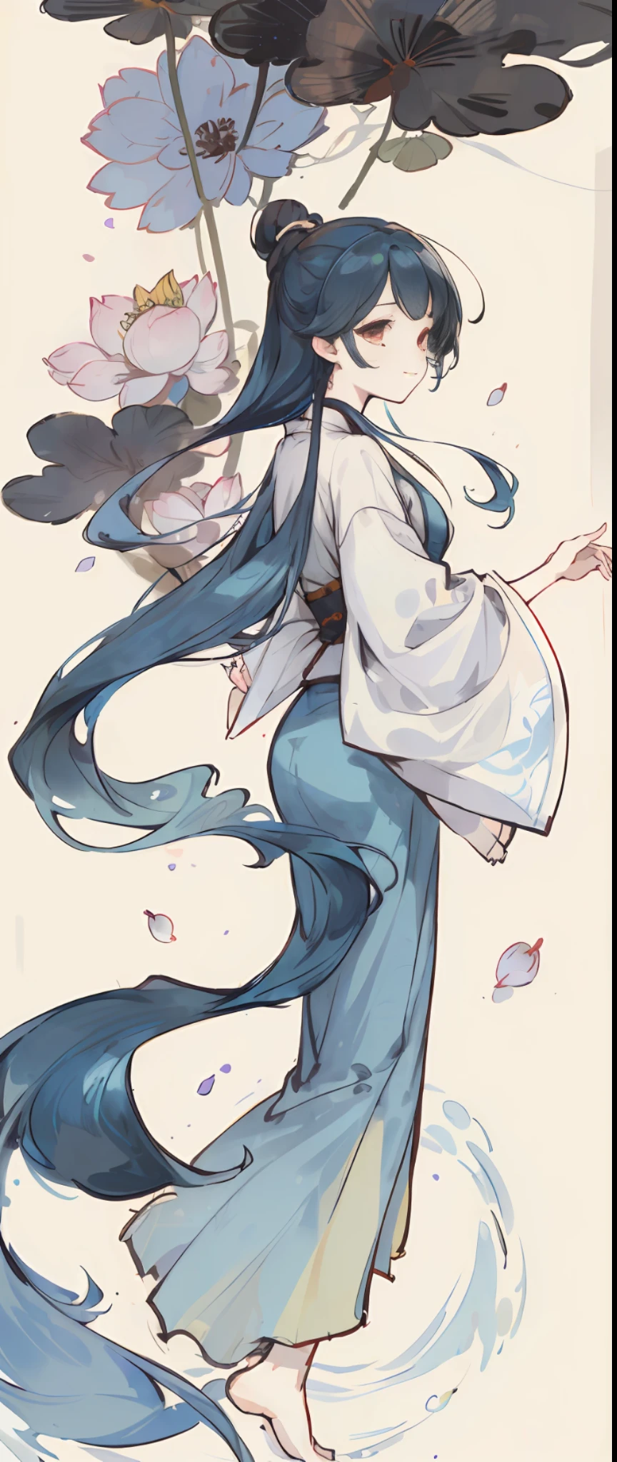 ((4k,masterpiece,best quality)), shuimobysim, traditional chinese ink painting, lotus, hanfu, maxiskit, dress conservatively 1girl, solo, long blue hair, smile, standing, feet in the water, barefoot,