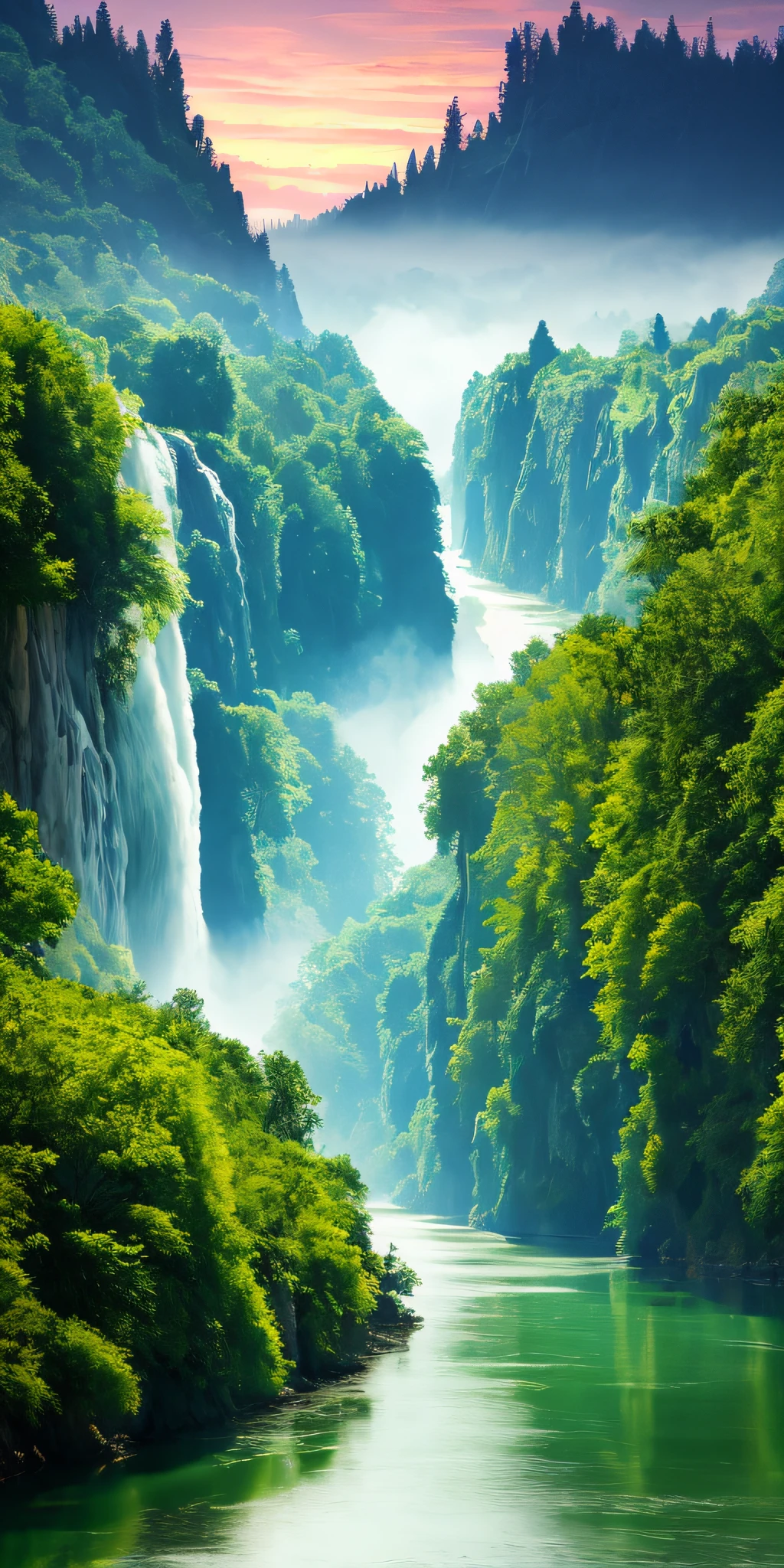 Analog style,ChromaV5,nvinkpunk,(extremely detailed CG unity 8k wallpaper),An image of a majestic river, trees on the sides, tiny waterfall, intense fog ,award winning photography, Chromatic Aberration, Detailed , HDR, Bloom, style by Monet, Pissarro, and Sisley ,trending on ArtStation, trending on CGSociety, art by midjourney