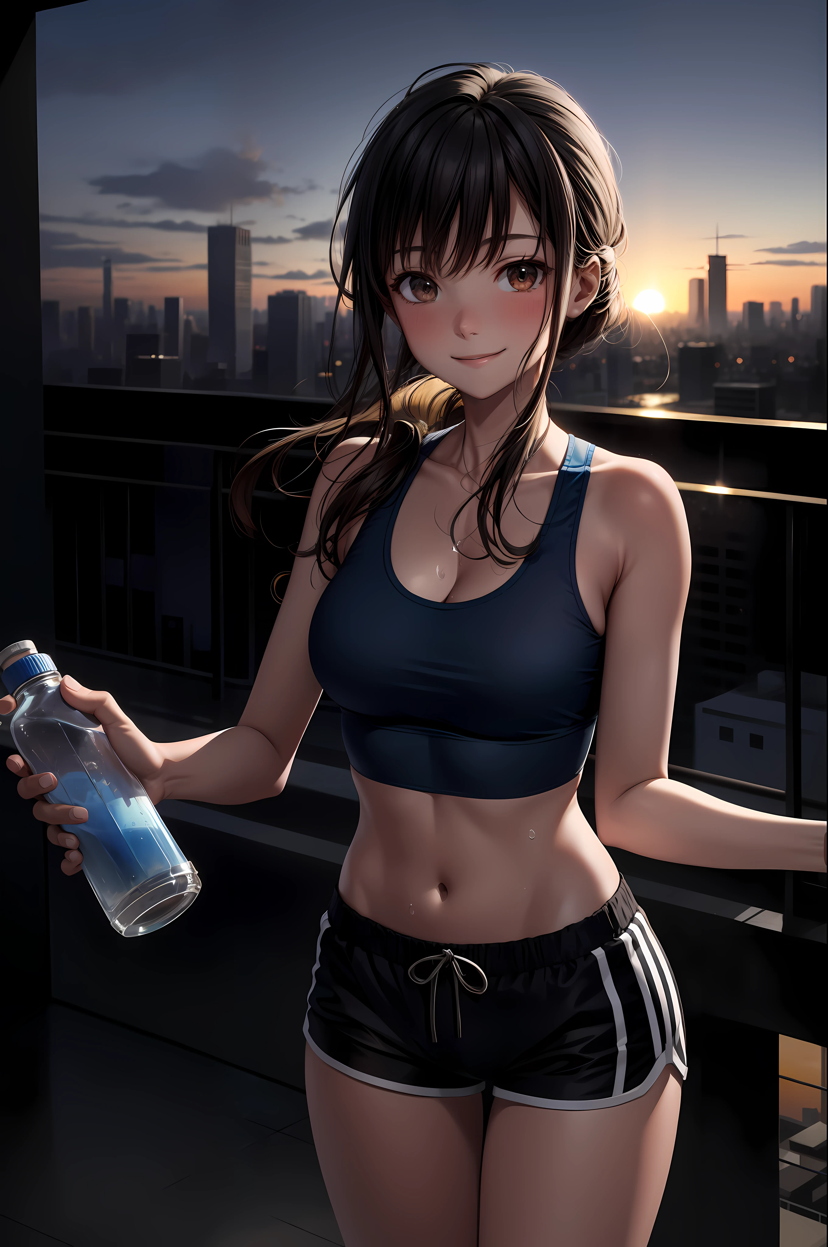 solo, 1girl, specter, sweating, smile, holding water bottle, sports bra, shorts, dusk, sunset, cityscape scenery, skyscrapers, cowboy shot