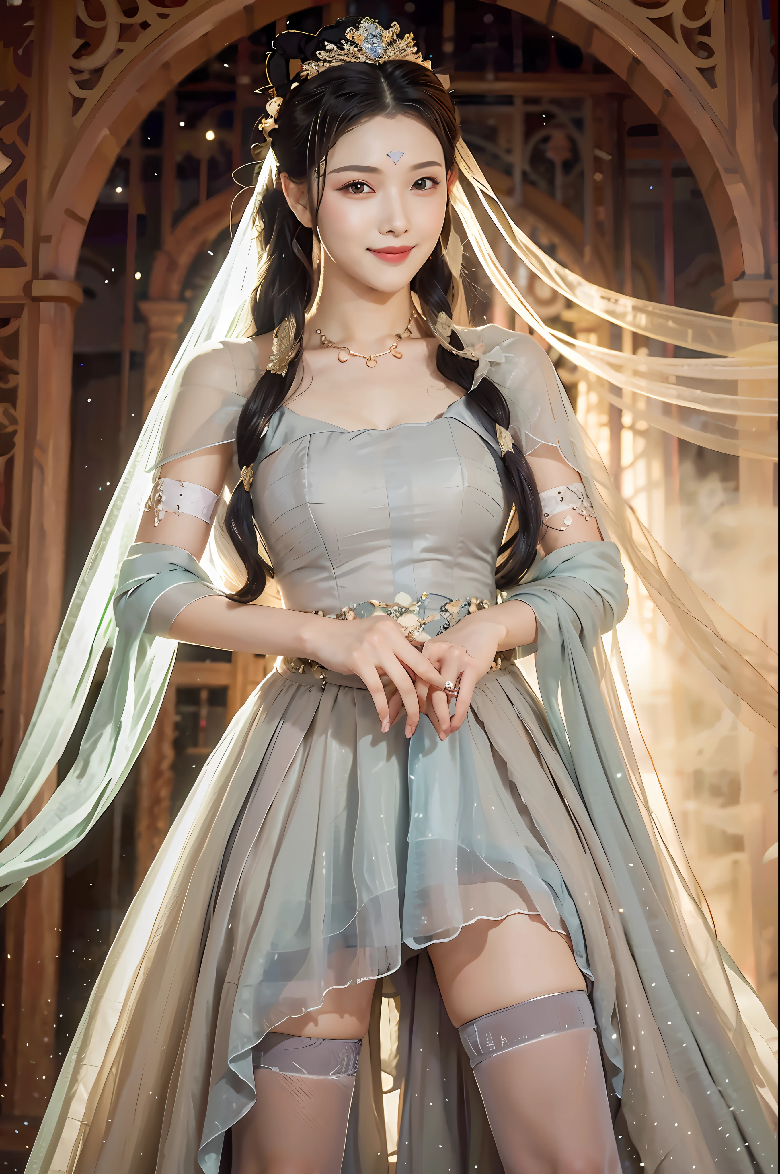 Master works, 8k resolution, princess, V-shaped eyebrows, smile, long hair, gray hair, veil, dress, over-the-knee socks