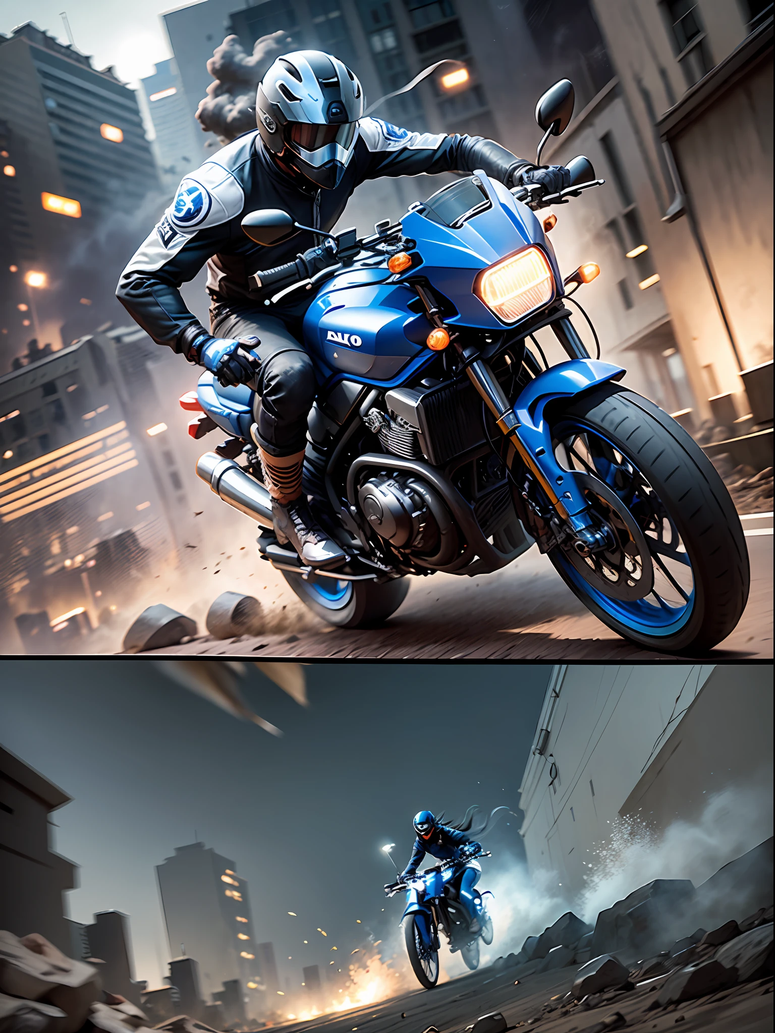 [Illustration storyboard]Comic page，There are four panels on one page: In a smoky city(background blurred) ，Several masked gangsters ride motorcycles，They had hideous expressions，Chase and smash，Tires rub against the ground，Rocks are falling apart，Smoke and dust filled the air(GoPro，F/2 Maidens.8，motion blur，long exposure，diffuse backlight)。[Many-Angle，Continuous shooting]Adopted in the style of Tetsuo Hara，cobalt blue and reflective silver，Motion picture film P30，S composition