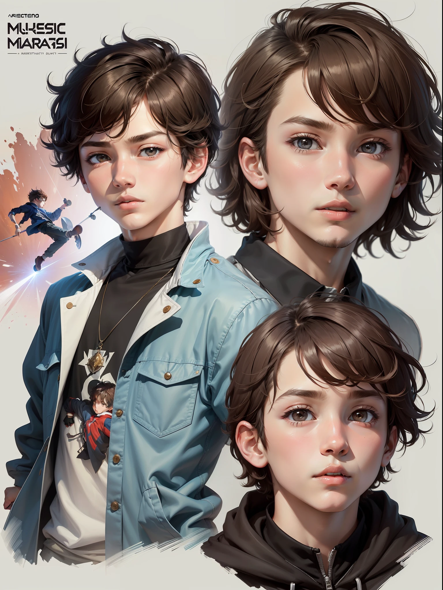 ((A Masterpiece、)),(((Bestquality))),（character design sheet,Same role,front Face,side,back facing),illustration,1 boy,Brunette Hair,with short hair，Hair on the eyes，pretty eyes,The environment changes，Stylish skateboarding，MAGIC，（Simple background，whitebackground：1 boy.3 boys）