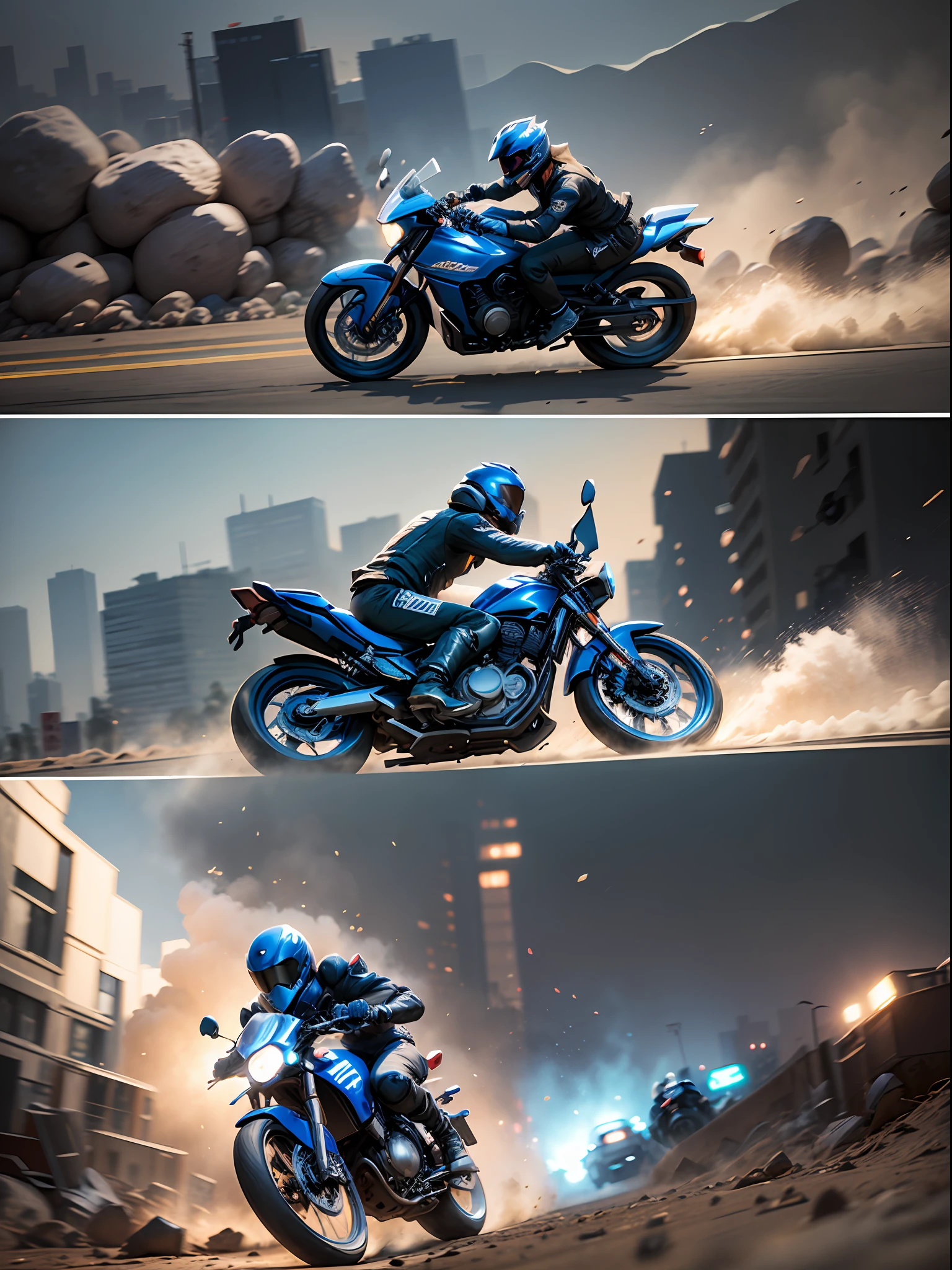[Illustration storyboard]Comic page，There are four panels on one page: In a smoky city(background blurred) ，Several masked gangsters ride motorcycles，They had hideous expressions，Chase and smash，Tires rub against the ground，Rocks are falling apart，Smoke and dust filled the air(GoPro，F/2 Maidens.8，motion blur，long exposure，diffuse backlight)。[Many-Angle，Continuous shooting]Adopted in the style of Tetsuo Hara，cobalt blue and reflective silver，Motion picture film P30，S composition