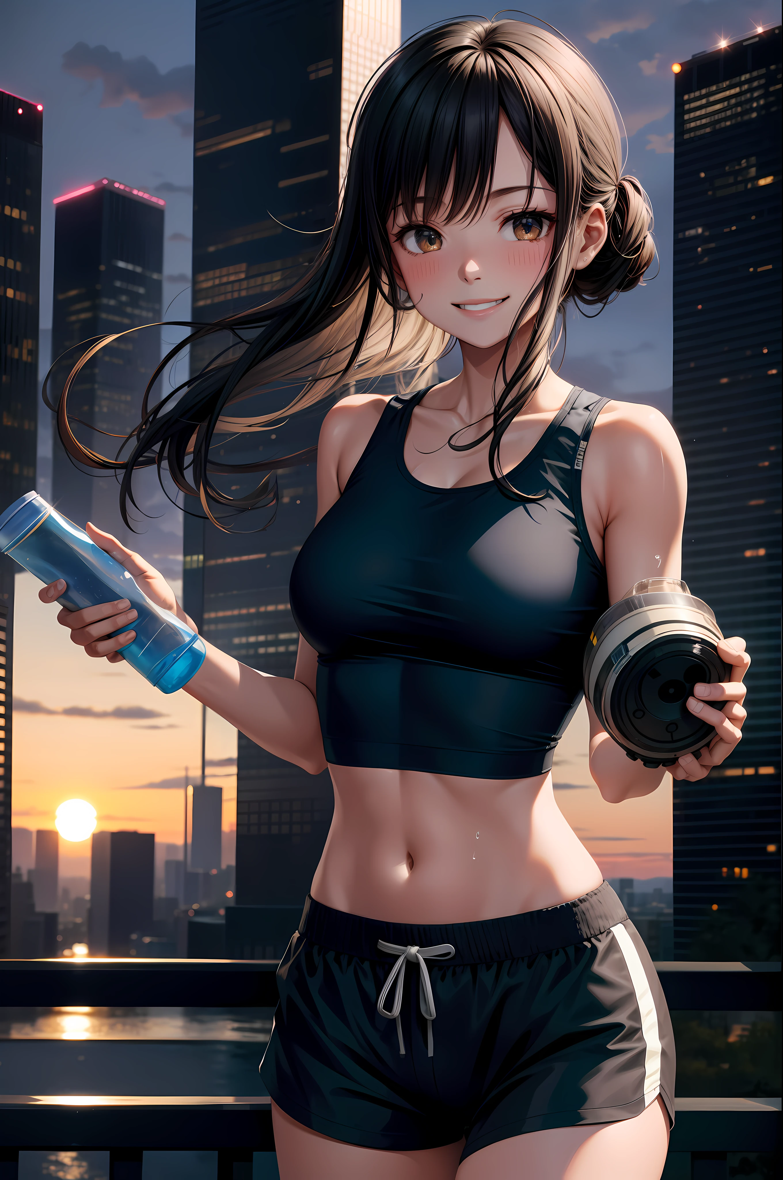 solo, 1girl, specter, sweating, smile, holding water bottle, sports bra, shorts, dusk, sunset, cityscape scenery, skyscrapers, cowboy shot