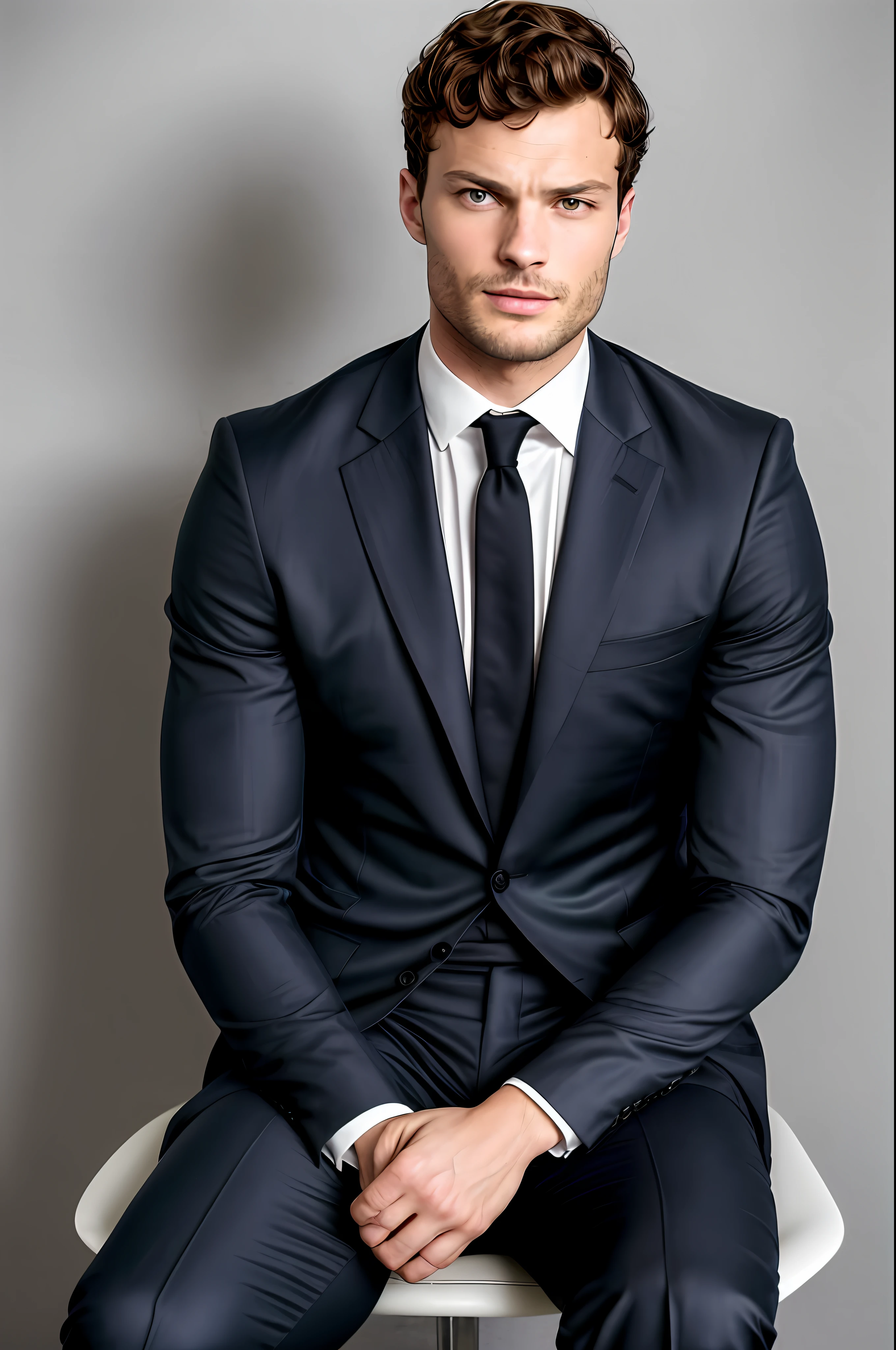 Photo RAW Ceo man sitting in an office chair, usando terno preto, (sem barba) cena de filme, (Impeccable) ,Serious and elegant man, Ator Jamie Dornan, com sobrancelhas masculinas grossas, agente secreto 007 estilo homem, (with a mysterious and serious face,) cabelo militar, imagem de fundo preto escuro,elegante e elegante, Homem semelhante ao ator Jamie Dornan, ( alta qualidade e imagem realista), ((Melhor Qualidade, 8k, Obra-Prima).