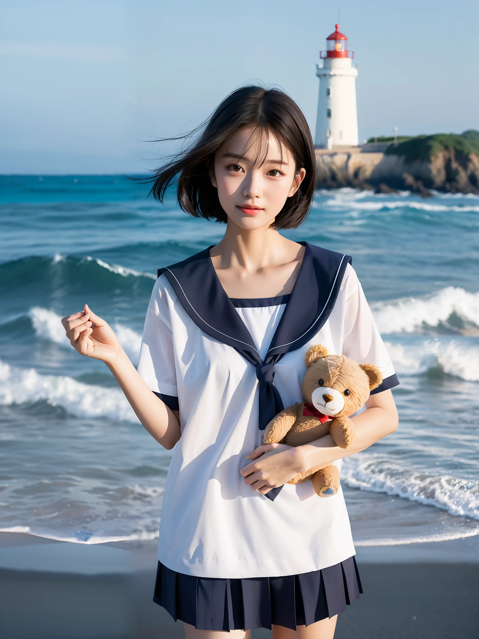 Coastal beauty,1girle,(short hair),school uniforms,(big eye,Thin face,White skin,Carefree expression),sandy beach background,lighthouse,gentle sea breeze,playful pose,Dynamic composition,Blurred background,Rich colors,Fine details,50mm lens,relaxed atmosphere。portrait photography,35mm film,Nature blurs beautiful and clear eyes,simple blurred background,Extreme detail description,meili,glamorous,Super fine painting,Exquisite Face,exquisite body,Fine collarbones, lovely lips,long slim legs,Full-body photo of standing,(8k,RAW photos,Bestquality,A Masterpiece:1.2),(lifelike,photo-realistic:1.37),Holding a teddy bear in both hands