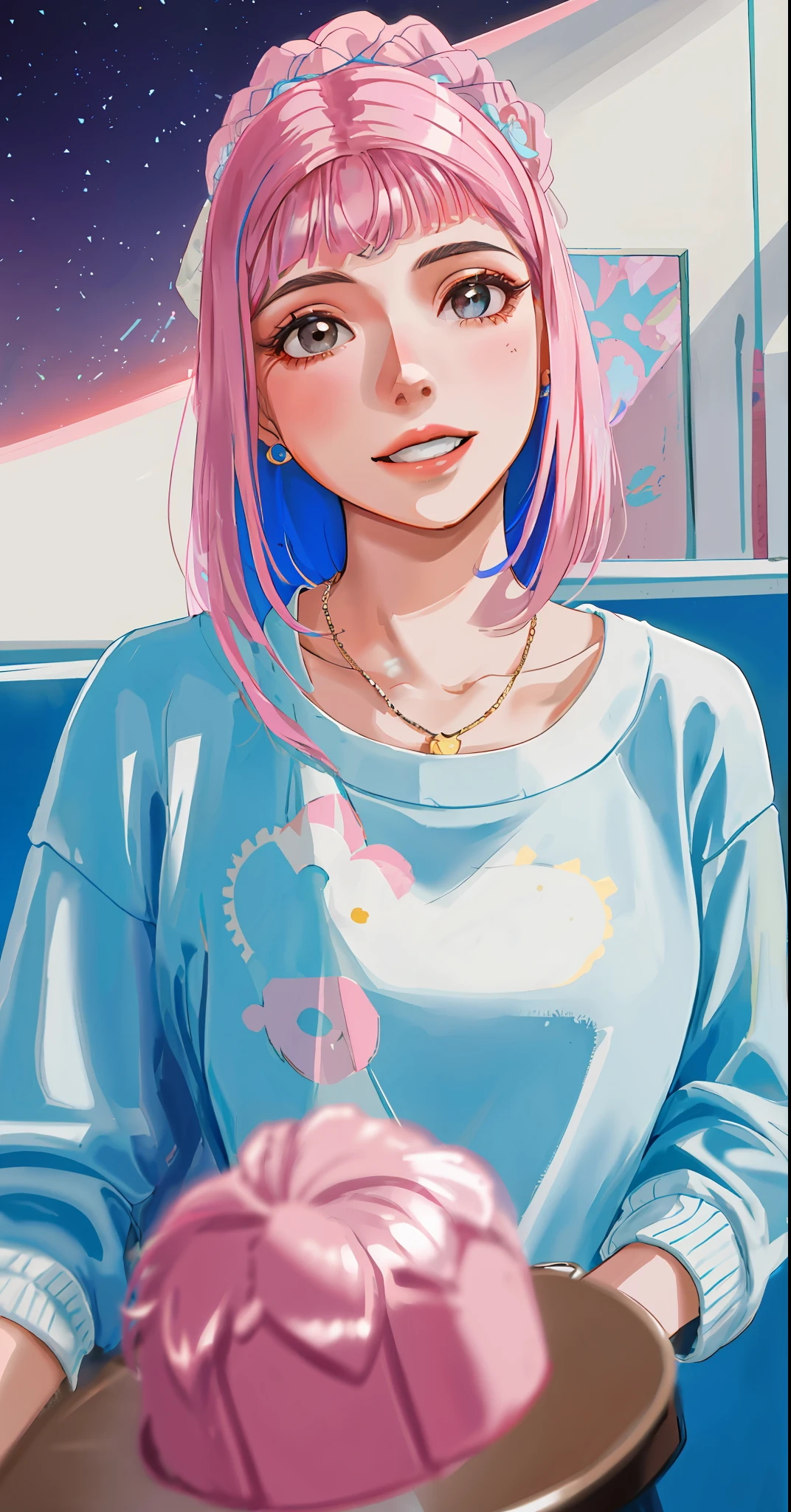 joven mujer sosteniendo un pastel con glaseado y un glaseado rosa, pelo rosa, mirando al espectador, pelo corto de rosa con azul claro, sweater and skirt