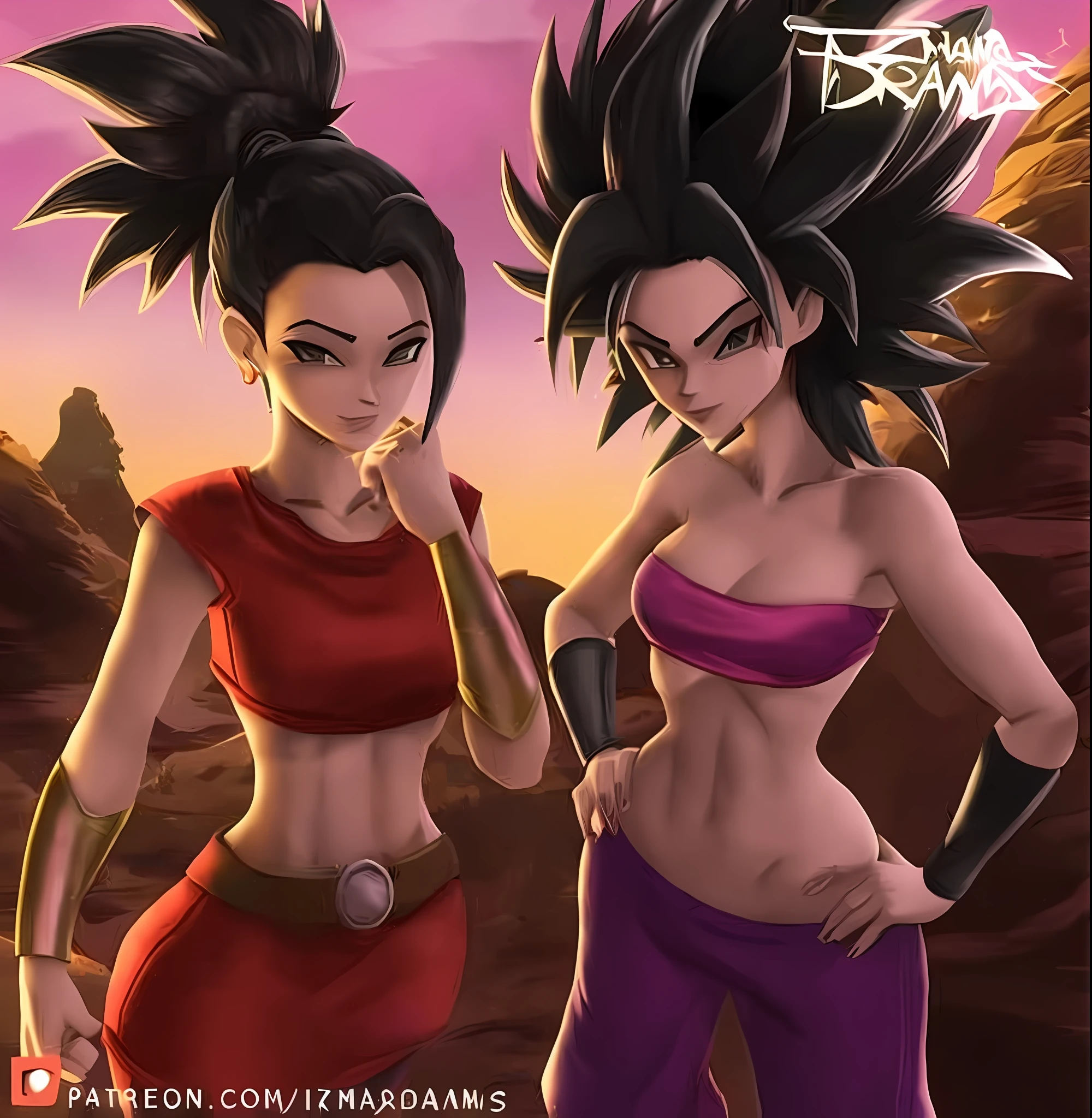 uma imagem de duas mulheres bem encorpadas em torno dos 18 anos em roupas vermelhas e roxas (insanamente detalhado:1.5), mulher saiyajin, pose, Personagens Caulifla e Kale