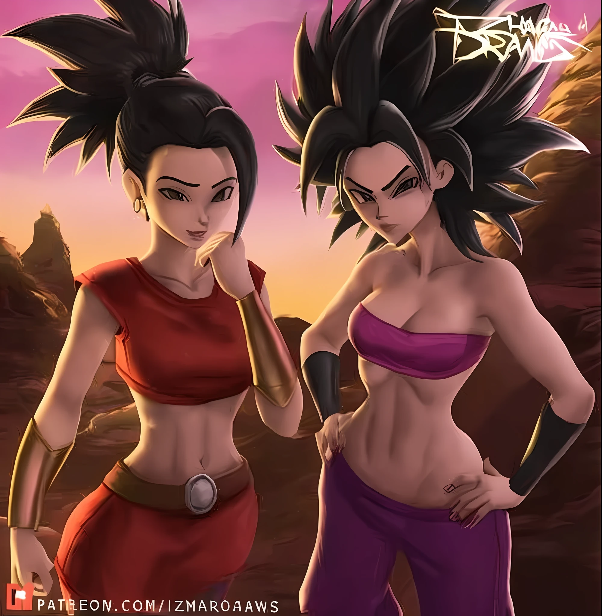 uma imagem  de duas mulheres bem encorpadas em torno dos 18 anos em roupas vermelhas e roxas (insanamente detalhado:1.5), mulher saiyajin, pose, Personagens Caulifla e Kale