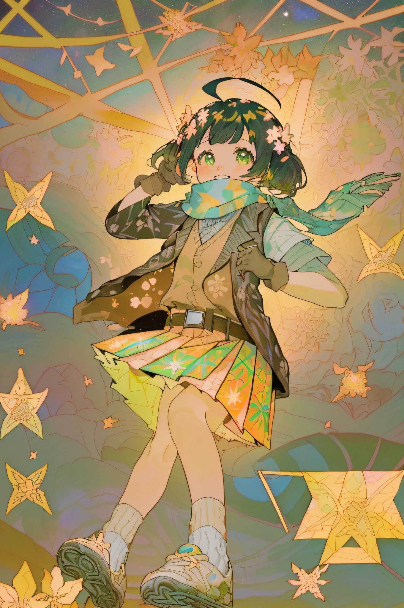 (masterpiece), solo girl, solo girl in distance, (detailed beautiful eyes), (beautiful delight face), (very short twintail, ahoge, hair ornament, one_eye_closed, green eyes:1.3) , (flat_chest, loli, lolicon:1.3), (sunset), (Title: Geometric Seasons, seasonal patterns, (spring blossoms:1.1), (Milky Way:1.05), autumn leaves, (beautiful snowflakes), geometric landscapes, natural cycles, weather-inspired designs, color palettes:1.5), light brown beret hat, (rainbow, firework:1.1), (😭😁, Shirt Skirt, Blazer, Sweatshirt, Gloves, Shoes, Socks, Belt, Jumper, Vest, scarf, JK:1.5)