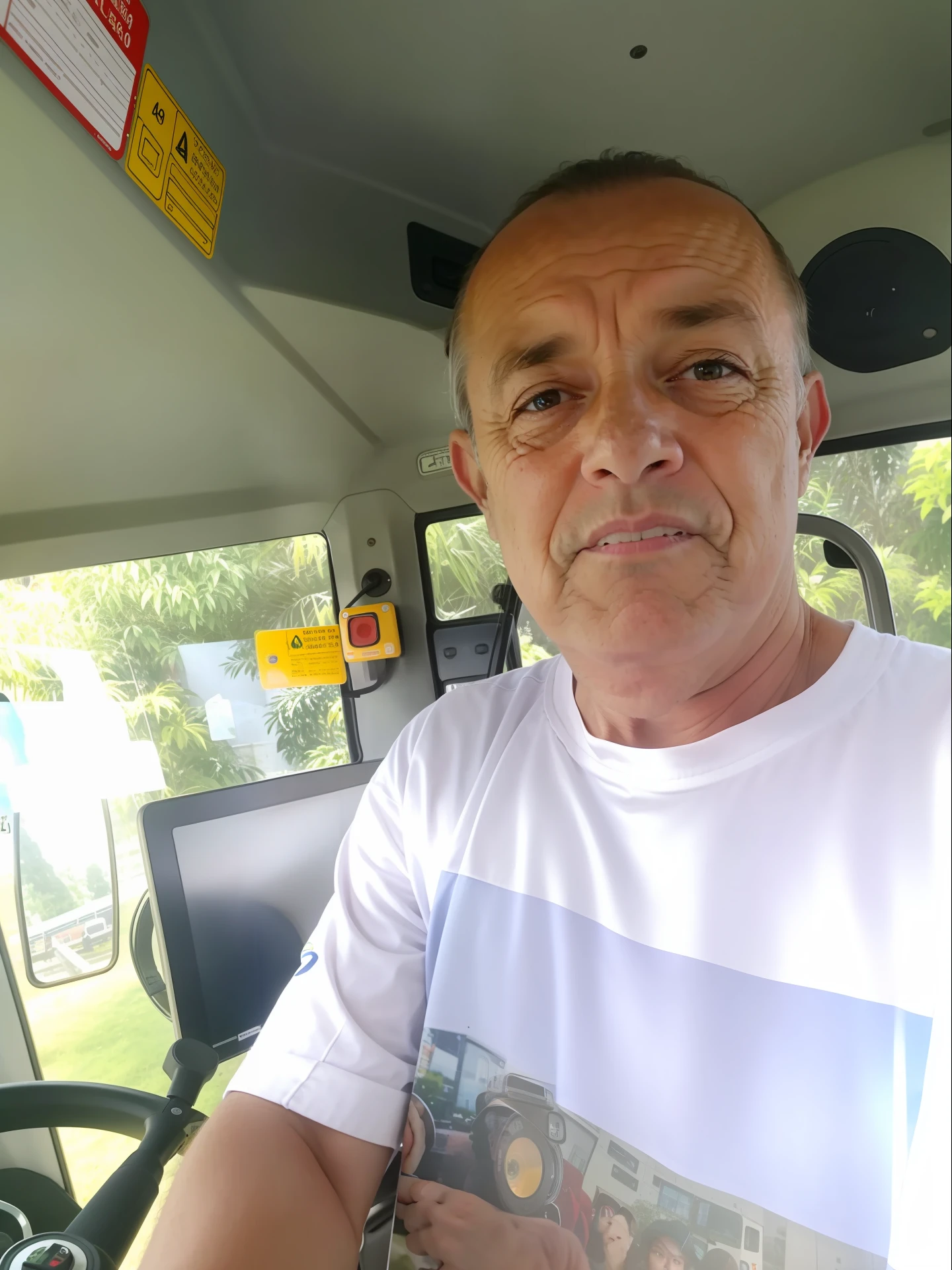 there is a man sitting in a bus with a picture on the front, ele tem cerca de 60 anos, ele tem cerca de 6 0 anos de idade, ele tem cerca de 7 0 anos de idade, ele tem cerca de 5 0 anos de idade, ele tem cerca de 50 anos, Bussiere, front facing the camera, Fotografia selfie 8k, Tanino Libertador