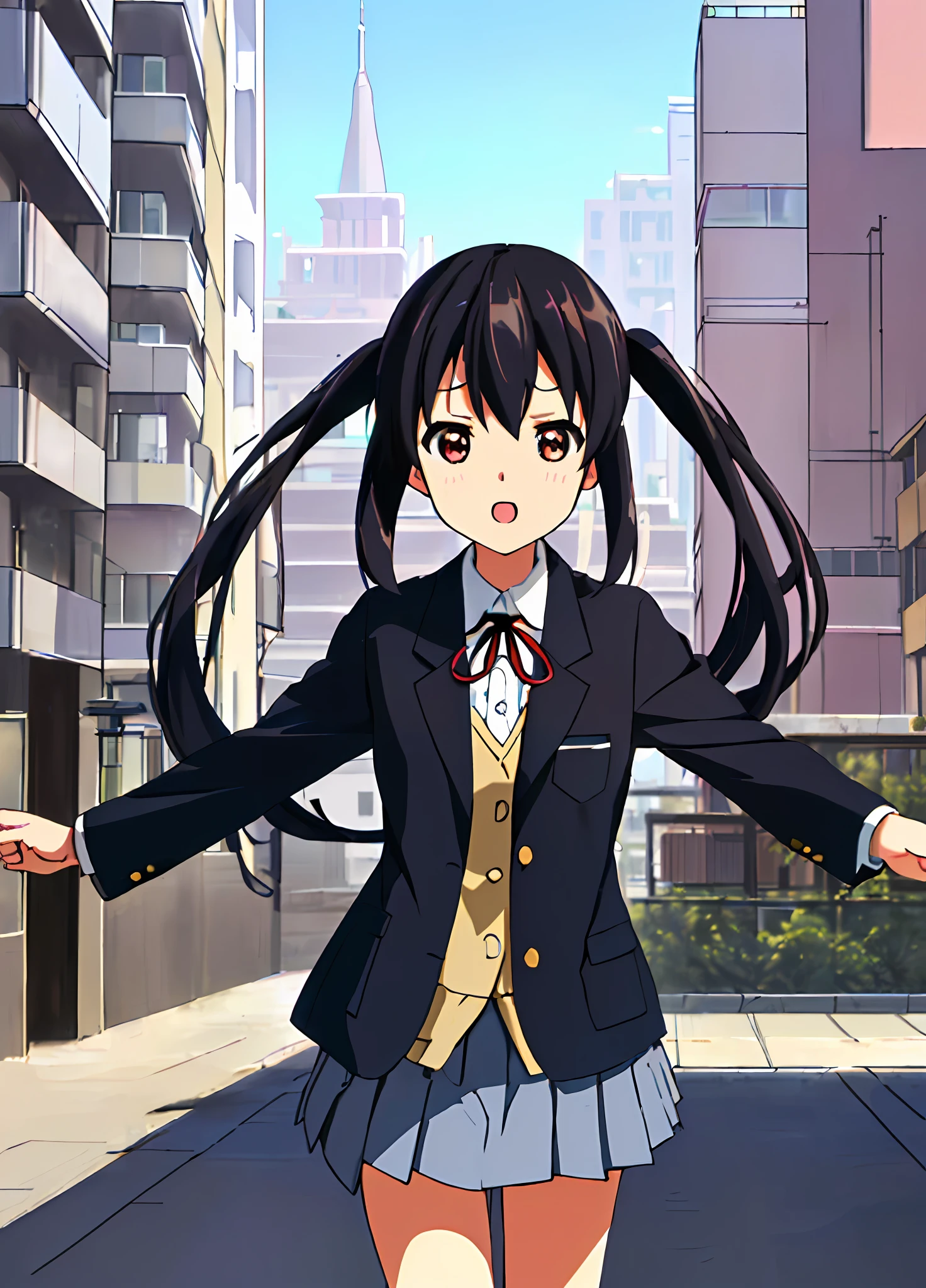 1girl, ((((Masterpiece))), Best Quality, Best Quality, High Detail, Azusa Nakano, 1girl, Sakuragaoka High School Uniform, Musical Instrument, School Uniform, Twin Tails, Long Hair, Black Hair, Brown Eyes, Solo, Red, Dark blue blazer with a thin ribbon of red, Solid white button shirt under blazer, Illustration, Cartoon, Soothing tones, Muted colors, Soft cinematic light, Adobe Lightroom, Photo Lab, HDR, complex and highly detailed, (((depth of field))))). (((Masterpiece))). (((highest quality))).) ((super detail))). (((Illustration))). (((Outside))). (((fighting stance))).,((((Giantization))).dynamic focus.small breasts. (((skyscrapers))). (((Cityscape))). (((Face of sadness))). open mouth.