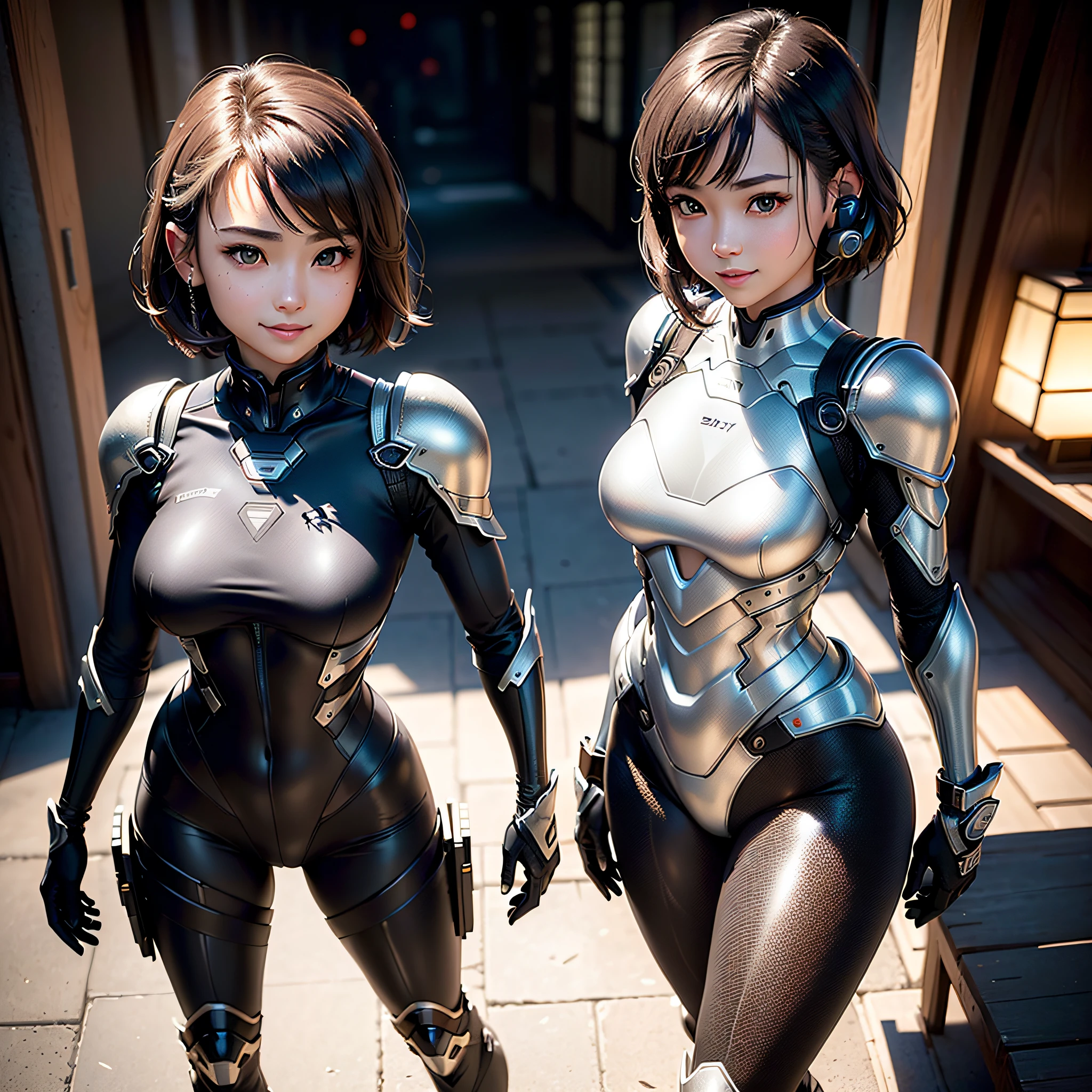 (A Masterpiece、BEST QUALITY、Top Resolution、distinct_image、Highly elaborate CG、Cinematic Lighting、raytracing、drop shadows、Detailed details、(photorealistic:1.4)、High quality textures、Fine-grained、Realistic facial expressions): (Lone Girl、Japan faces、Girl with brown hair、short hair、small size of 、Glittering black colored eyes、Eye Level Shot、Pilot suit in metallic black color、Tight Fit Clothing、Clothing that covers the whole body、light grin smile、Beauty during、slim body、exoskeleton、heroineet、long boots、glove)