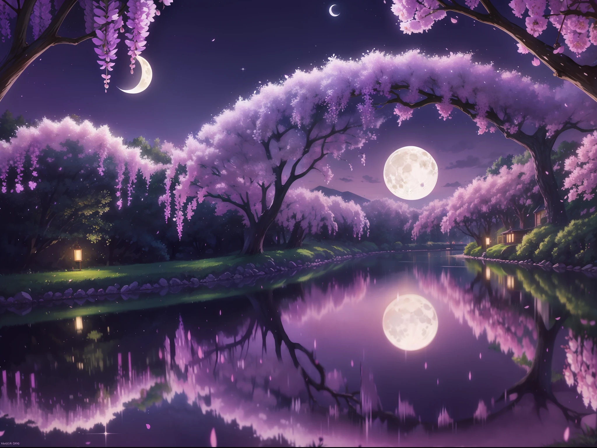 backround, CG, pnon, night, moon, wisteria, cheery blossom, one side is sky and the other is pond, panorama, ray tracing, reflection light, polar opposites, 8K, masterpiece, best quality, high quality, high details, super detail, highres, UHD