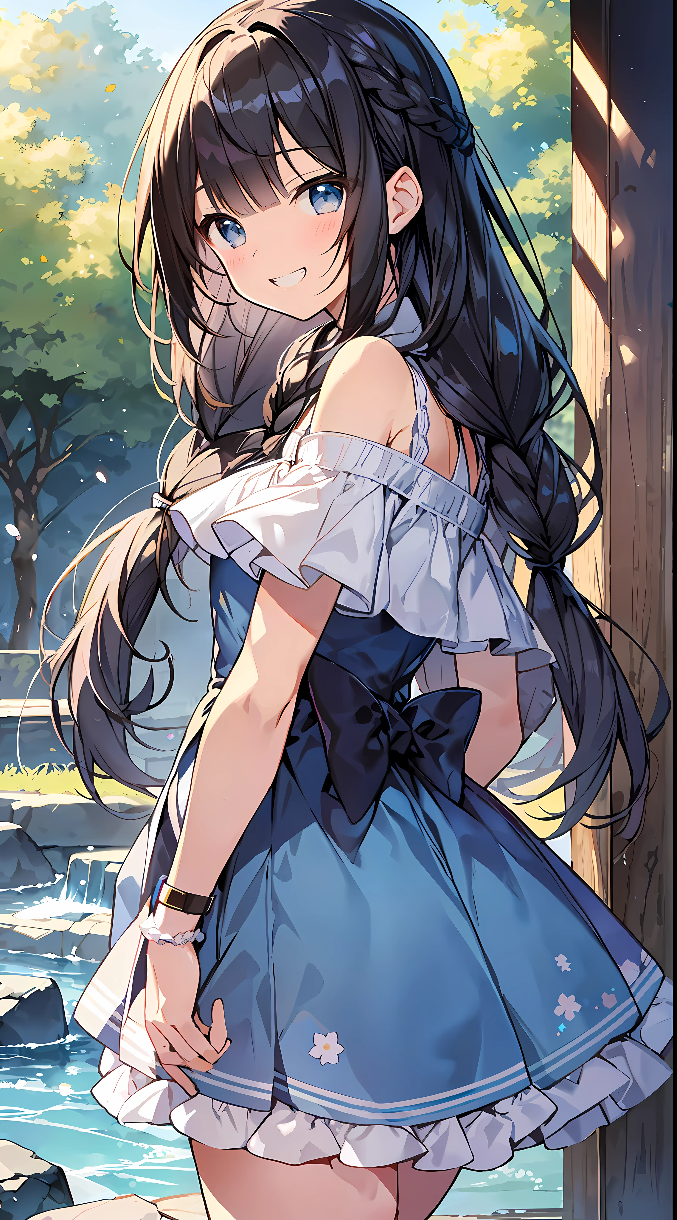 BEST QUALITY、Masterpiece、Ultra High Res、8k、((Summer clothes))、Shoujo manga style loli、 1 person、Soft lineart、Digital Enhancement、A touch of shoujo manga、Shoujo Mangacore、Flowing fabric、crose up、((Hair length to the shoulders and short braids))、Staring at us from the front、Soft drawing、beautiful black hair、Clear eyes、grin, teeth, wide mouth、Ultra-detailed digital anime art、Clear face depiction、Super detailed shoujo manga character art、Ultra-detailed manga style、Highest quality colors、Hand gestures、Angles that can be seen up to your feet、Scenery with nature
