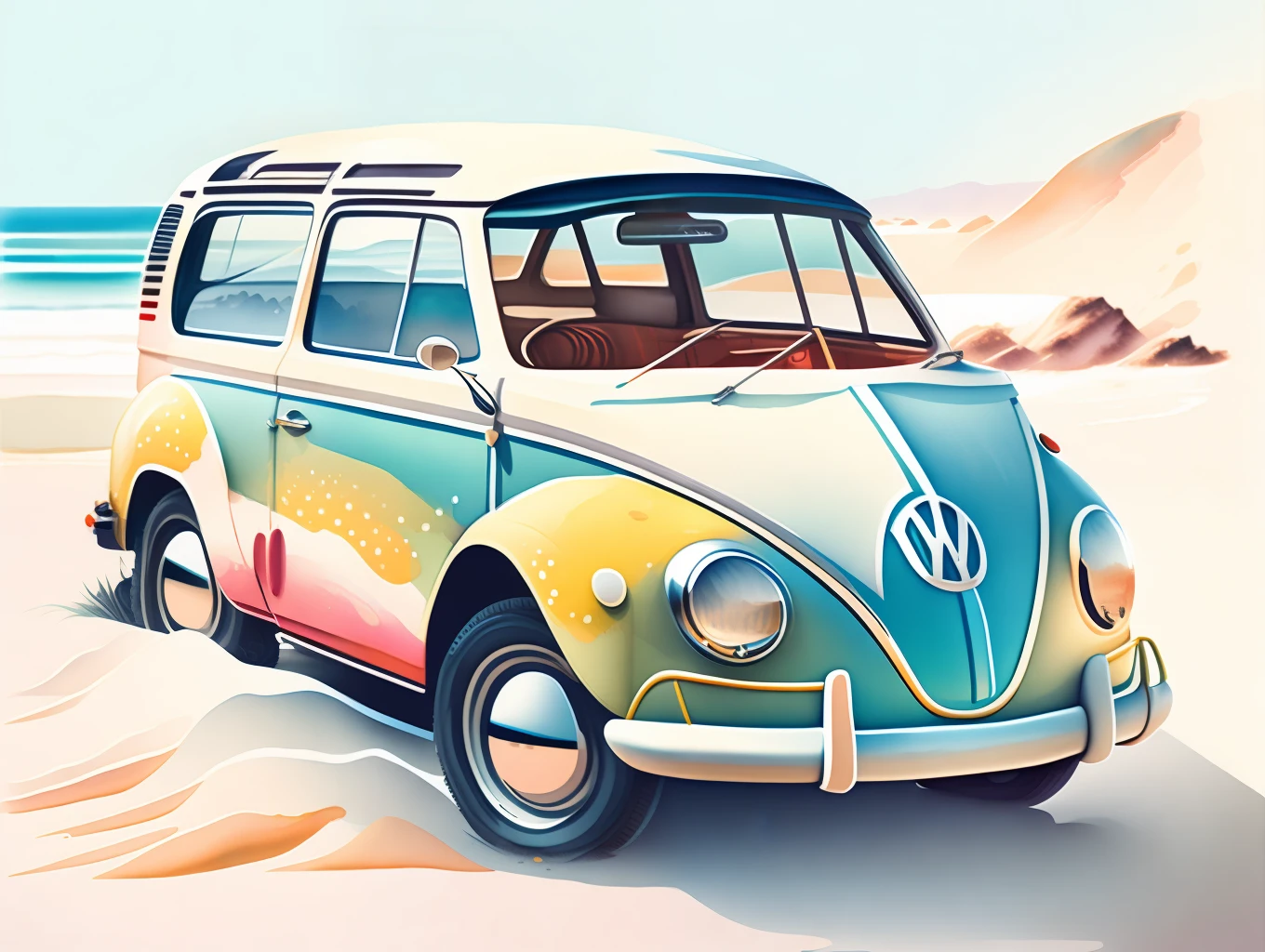 graphic design, flat design, VW Beatle 1966 off-road, passing through a beach, watercolor splashes, highly detailed clean, photorealistic masterpiece, professional photography, realistic car, Pastel background, isometric, vibrant color vector