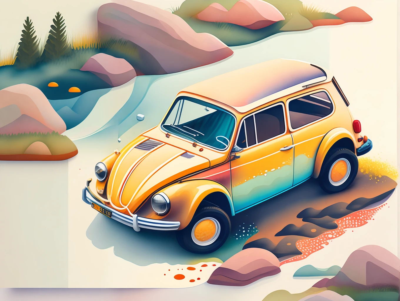 graphic design, flat design, VW Beatle 1973 off-road, passing through a river. watercolor splashes, highly detailed clean, photorealistic masterpiece, professional photography, realistic car, Colorful background, isometric, vibrant color vector