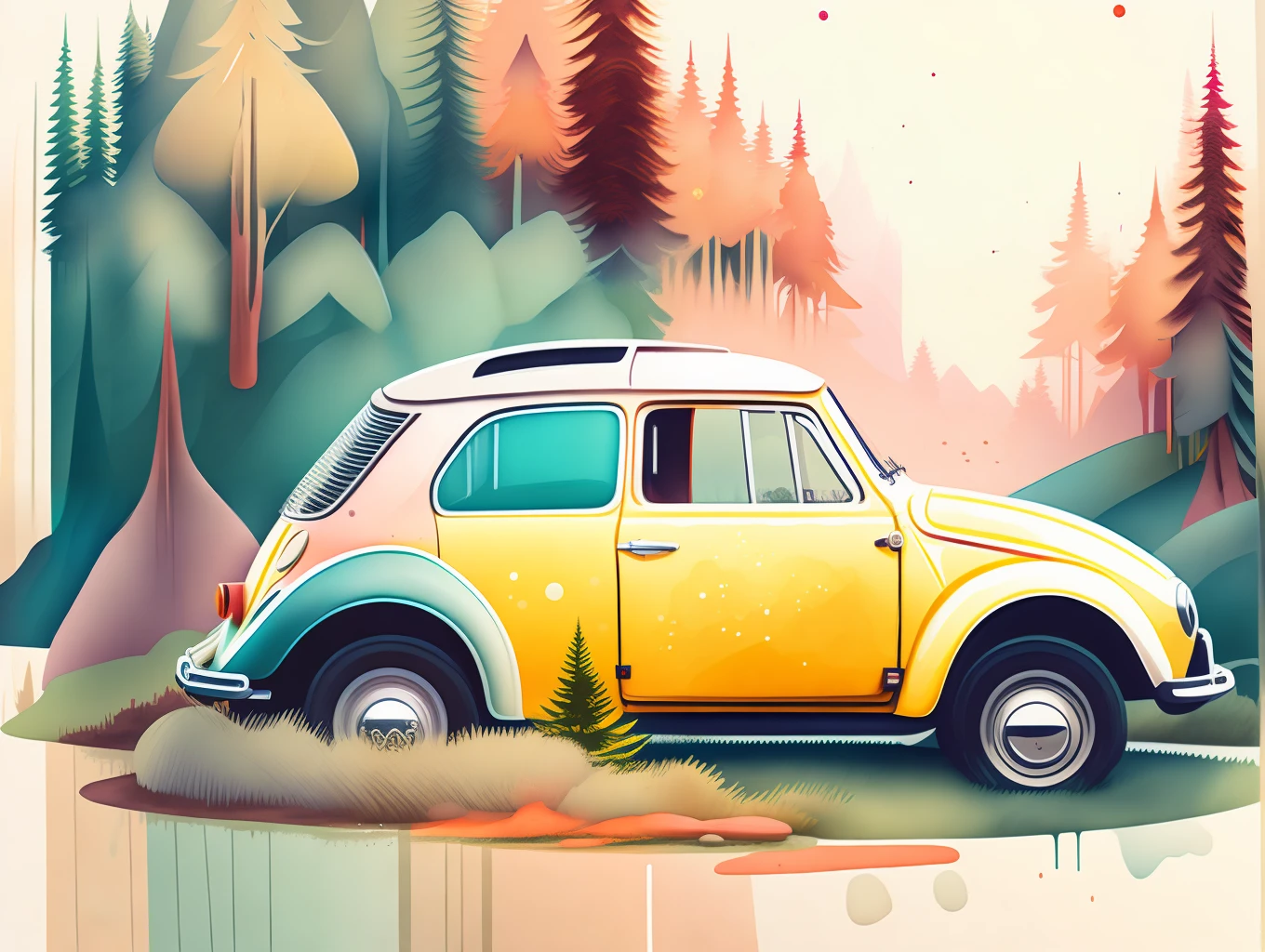 graphic design, flat design, VW Beatle 1973 off-road, passing through a forest, watercolor splashes, highly detailed clean, photorealistic masterpiece, professional photography, realistic car, Pastel background, isometric, vibrant color vector