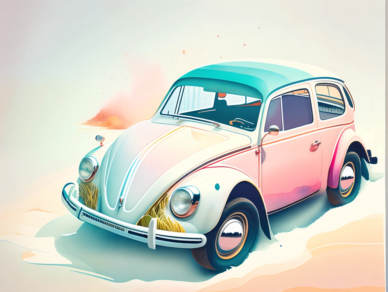 graphic design, flat design, VW Beatle 1966 off-road, passing through a beach, watercolor splashes, highly detailed clean, photorealistic masterpiece, professional photography, realistic car, Pastel background, isometric, vibrant color vector