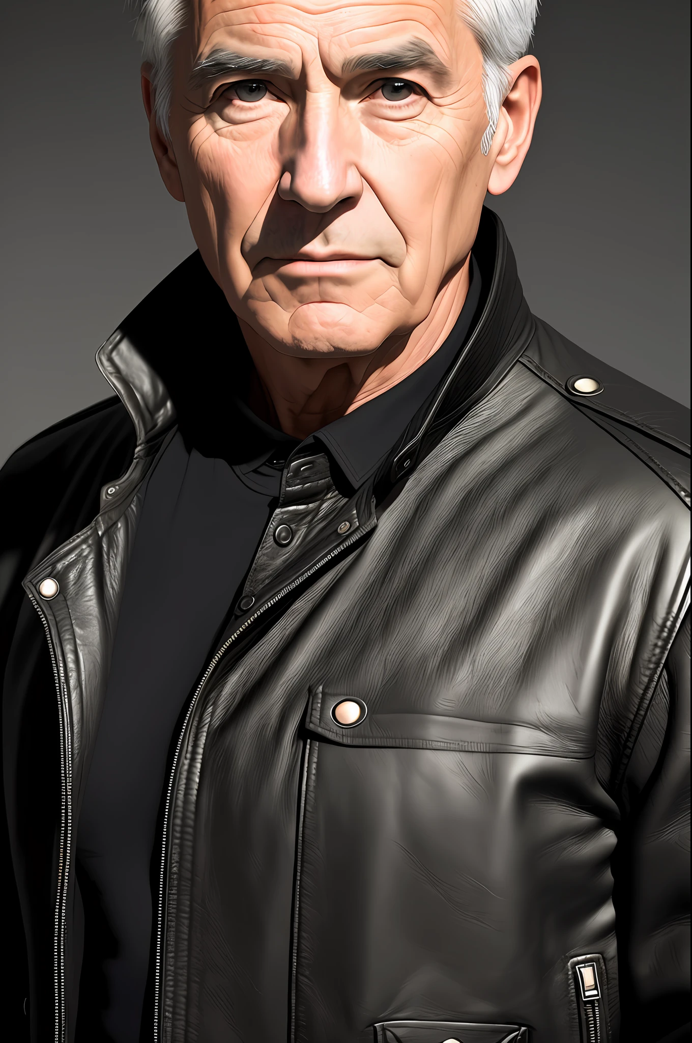 (masterpiece, photorealistic), (extremely complex:1 Male.2), crose up, ciinematic light, Sidelight, Ultra High Res, best shadows, .RAW, upper Body, An old man, Wearing a black leather jacket,