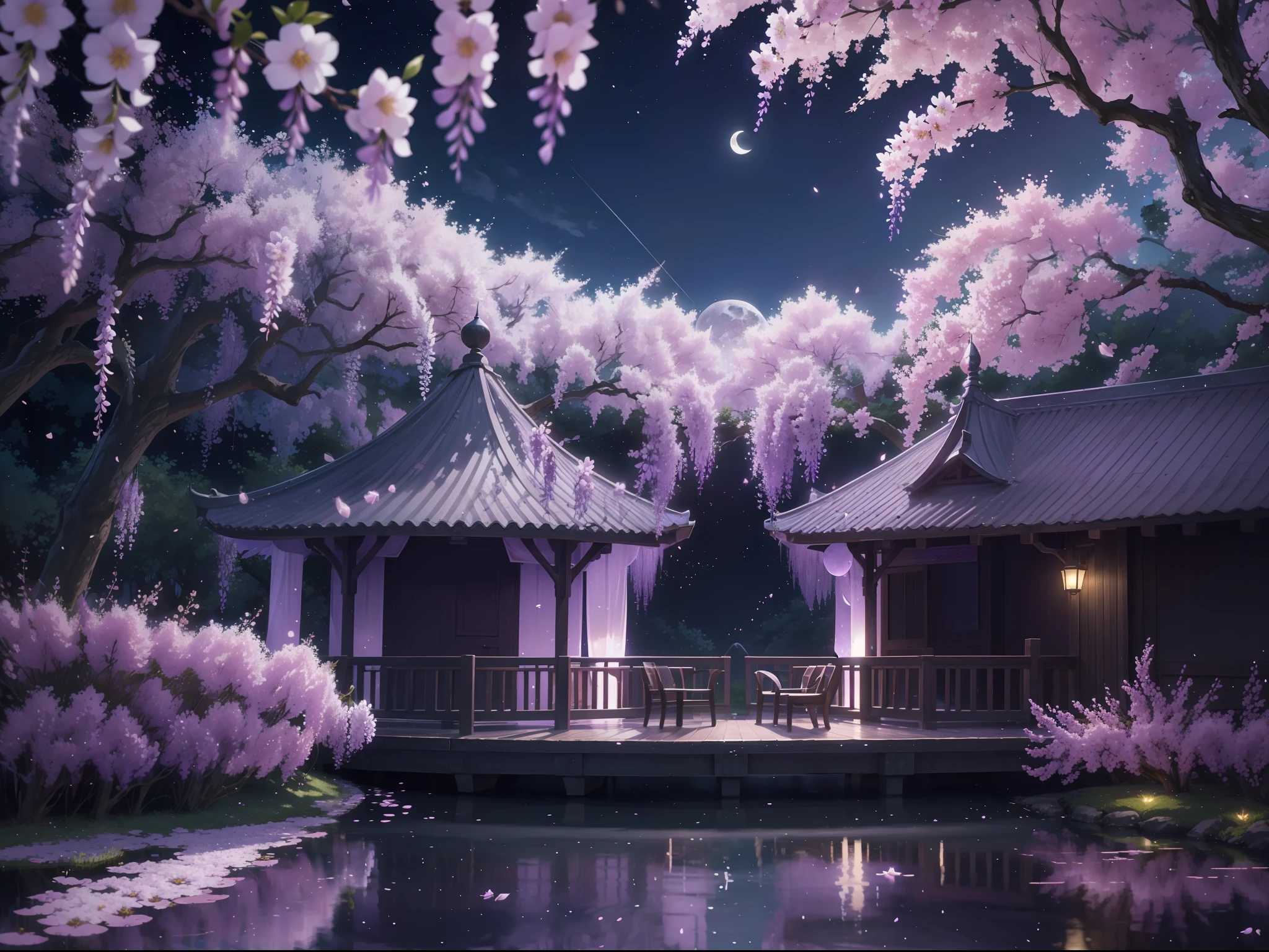 backround, CG, pnon, night, moon, wisteria, cheery blossom, one side is sky and the other is pond, panorama, ray tracing, reflection light, polar opposites, 8K, masterpiece, best quality, high quality, high details, super detail, highres, UHD