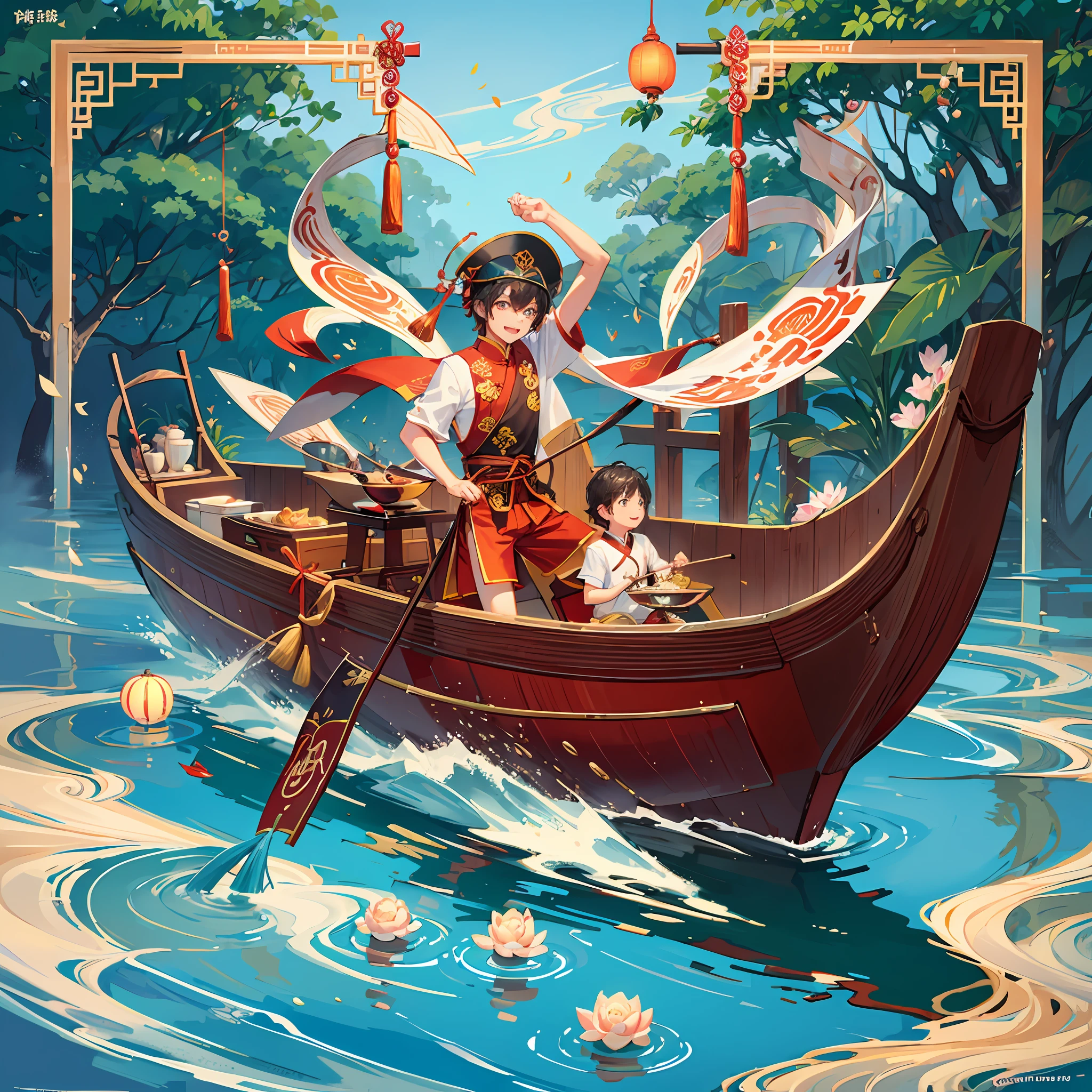 chinese dragon boat festival scene,a cute little boy form china rowing a chinese dragon boat,he is happy and smiling,rice dumpings,lotus lanterns floating in the river,bright background,film shot,art nouveau style,organic smooth lines,futuristic colorful waves of pie,intricate and bizarre illustrations,swirls,colorful turbulence,high-resoulution ultra-detail --s 400 --auto --s2
