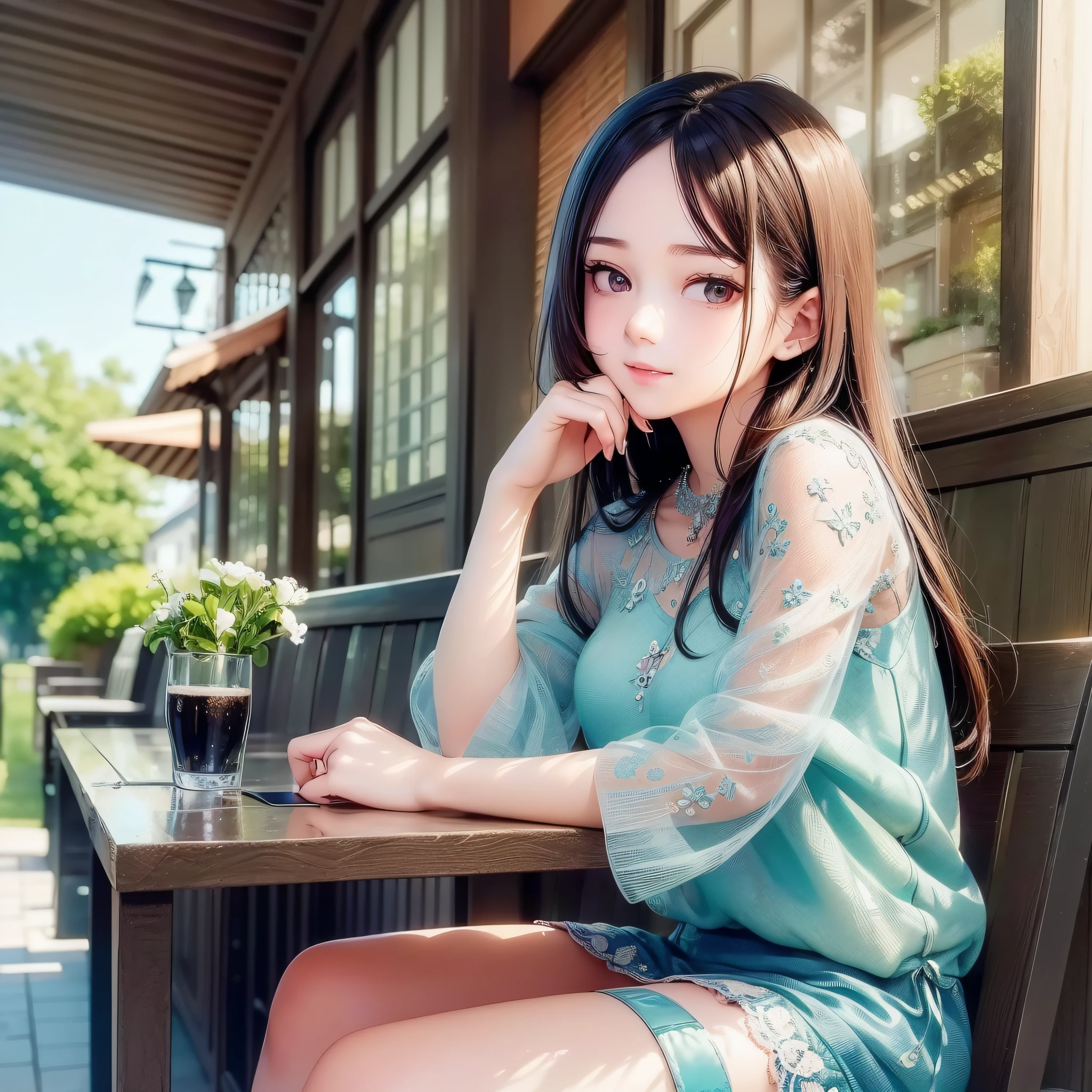 (Shiny face,beautiful detailed delicate eyes,Truly smooth skin,A cute age girl sitting in the outdoor dining room,Sit in an empty dining seat,Pleasant expression),(Masterpiece,A Masterpiece,The picture quality is the best,Beautiful and harmonious background)