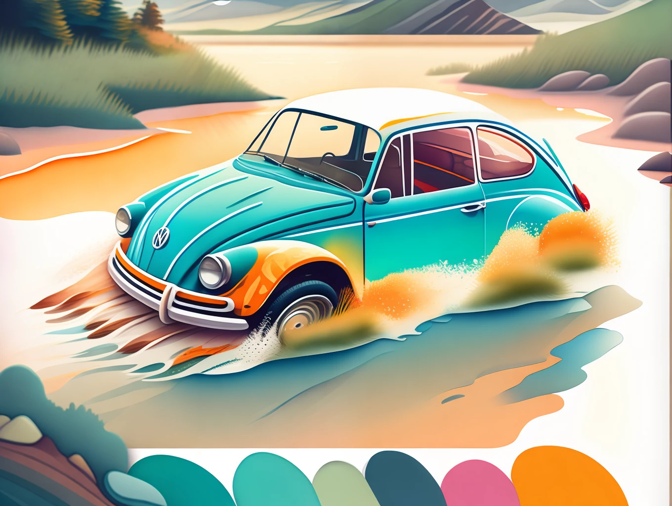graphic design, flat design, VW Beatle 1973 off-road, passing through a river. watercolor splashes, highly detailed clean, photorealistic masterpiece, professional photography, realistic car, Colorful background, isometric, vibrant color vector
