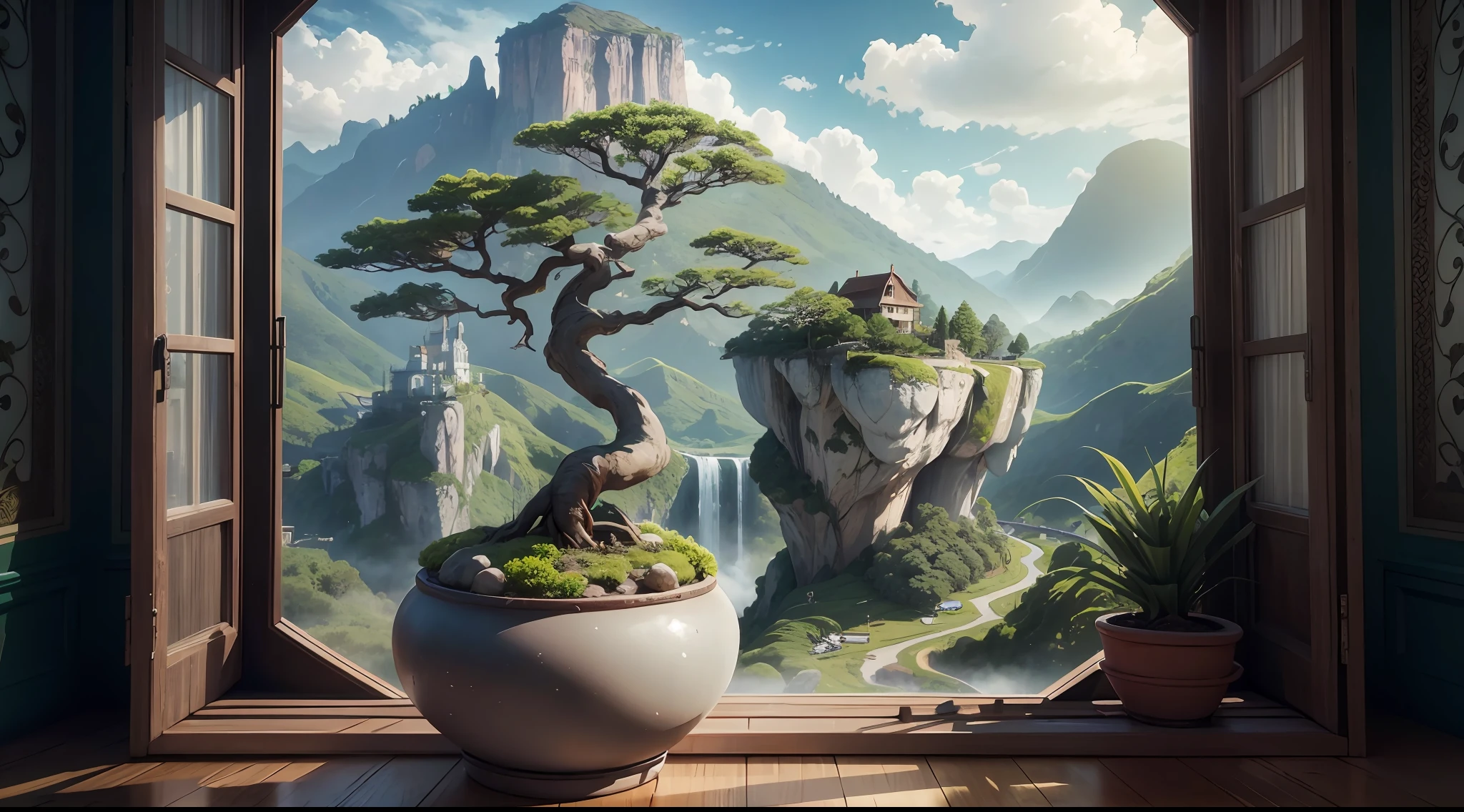 there is a bonsai tree in a pot in front of a window, detailed scenic view, made of tree and fantasy valley, terra na janela, natural window lighting, paisagem hiper-realista, Pintura de paisagem virtual 3D, window view, em diorama floresta pitoresca, vista da janela, janela no centro, foto de uma bela janela, vista a partir de uma janela
,