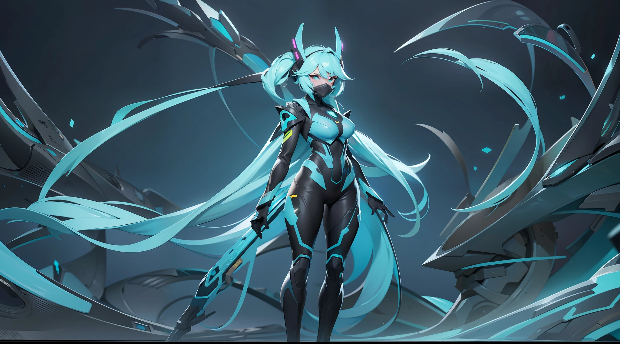 full body picture Unreal Engine 5 8K UHD of a beautiful adult girl, long cyan hair, wearing futuristic black tight battle suit, futuristic half face mask, cyan light details, best quality, masterpiece