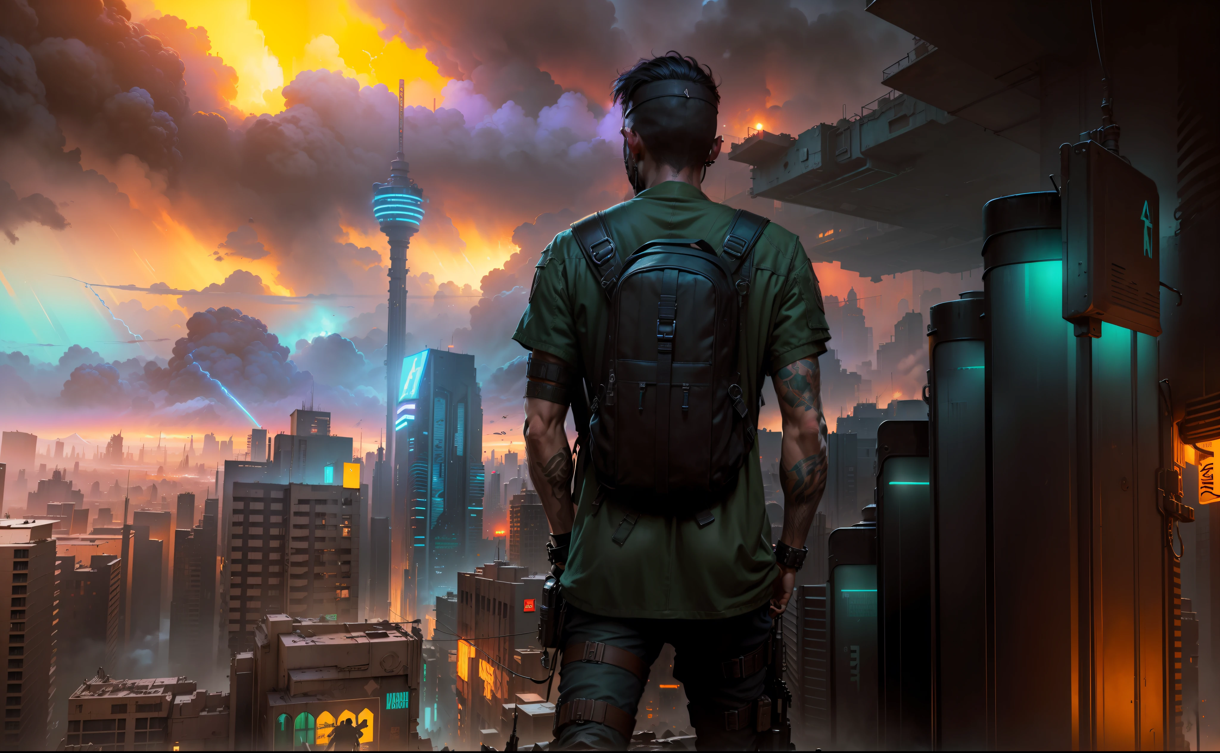 (masterpiece) high detailed RAW, a post apocalyptic man with a backpack is walking through a vivid rainbow themed cyberpunk city , hassanfantasy style , by Jeremy Mann and Donato Giancola ultra realistic highly detailed intricate photorealistic