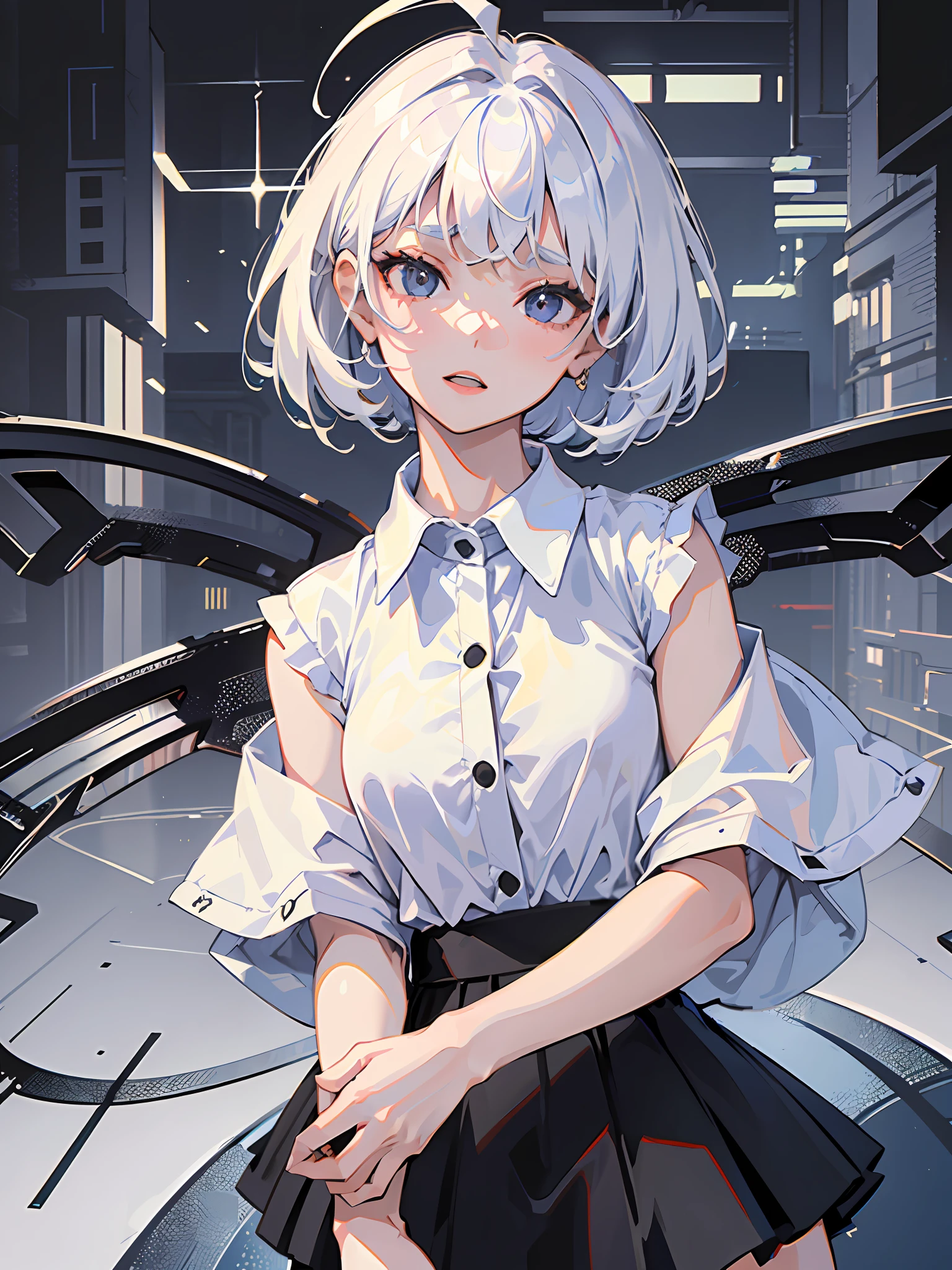 ((masterpiece, best quality)), (1girl), (solo), (female focus), (ahoge, white hair, short hair), black eyes, ((white shirt), (buttoned shirt)), ((black skirt), (short skirt)), standing, white background, behind arms,