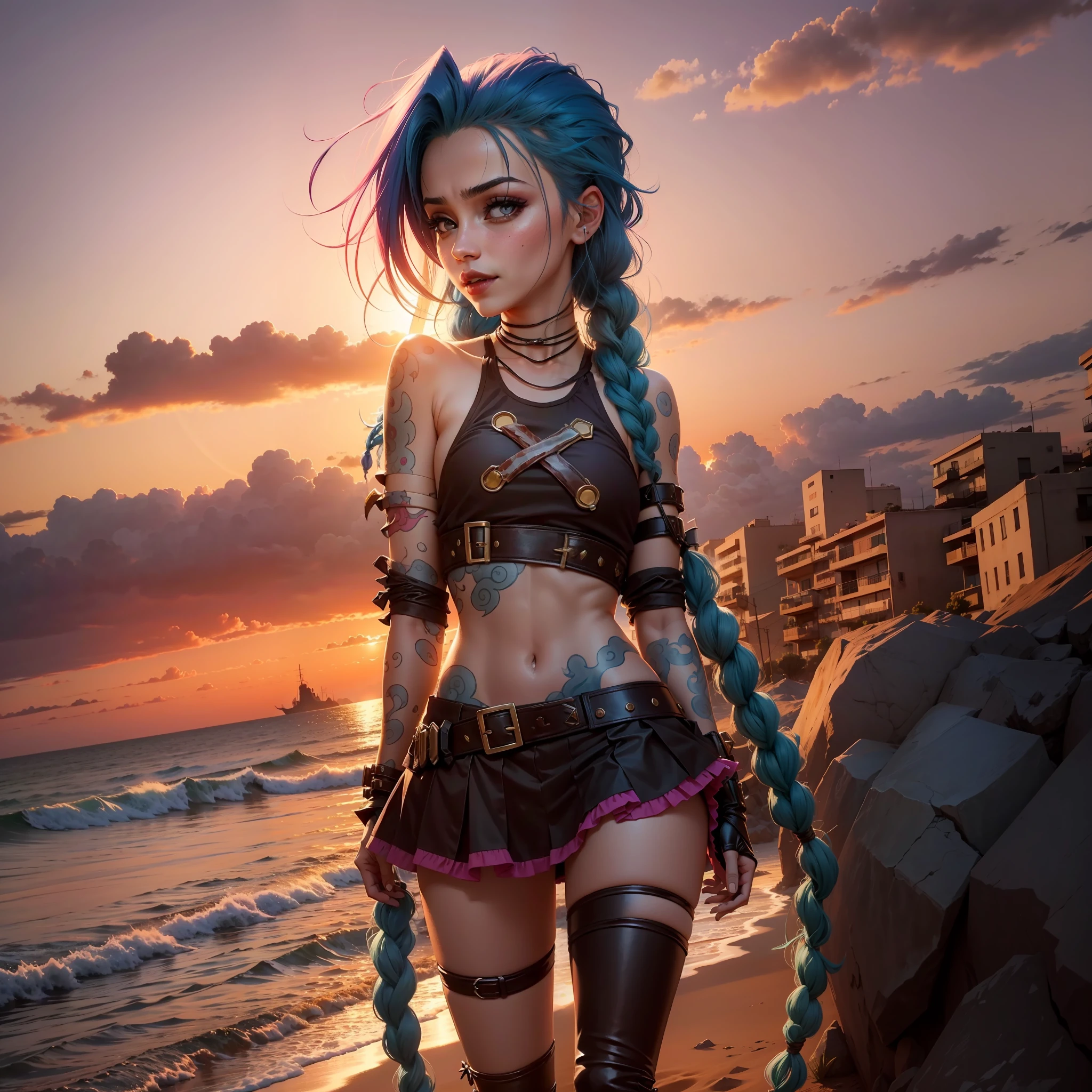 JinxLol, suada, roupas molhadas, no topo de um predio, por do sol, rindo loucamente, louca, feridas, sangue escorrendo