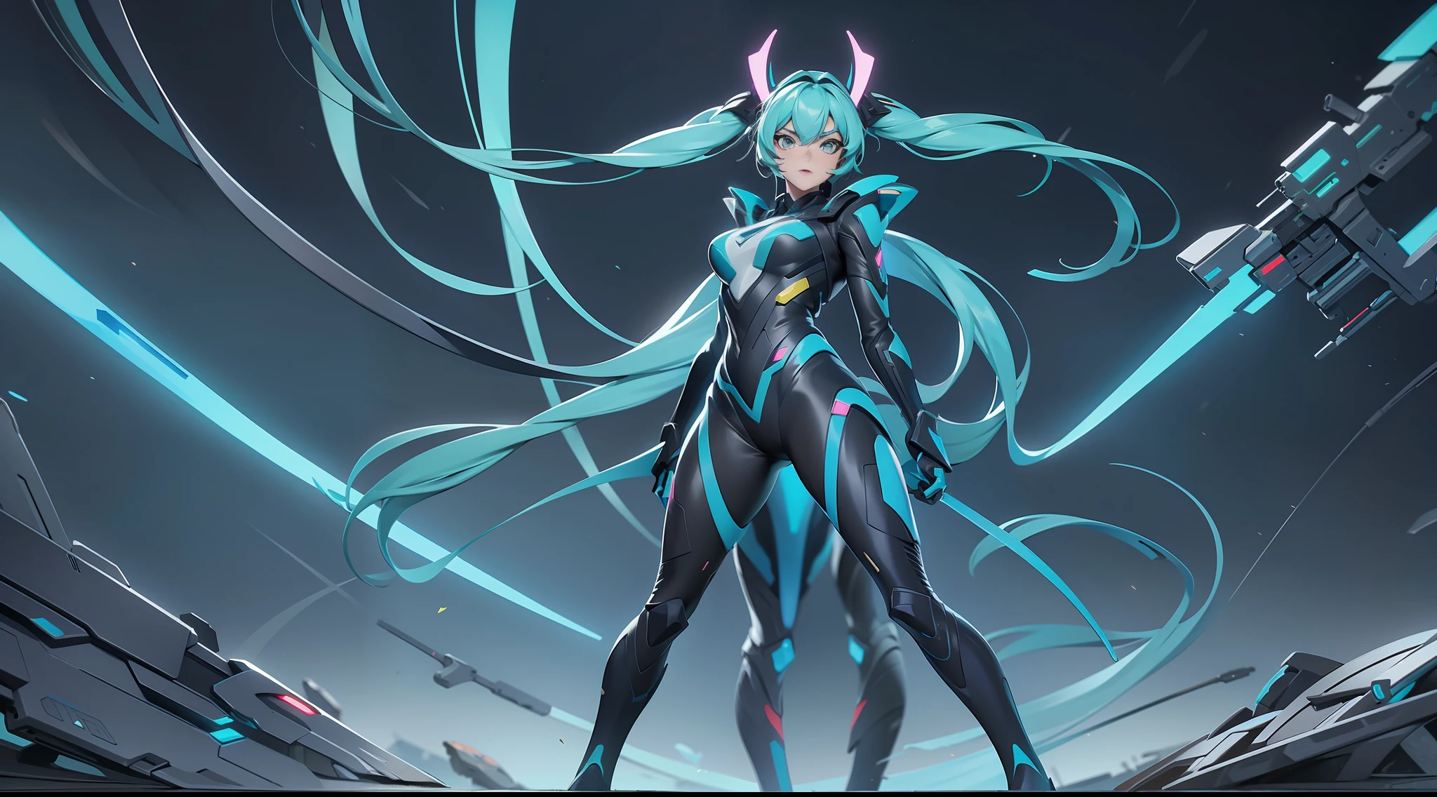 full body picture Unreal Engine 5 8K UHD of a beautiful adult girl, long cyan hair, wearing futuristic black tight battle suit, futuristic half face mask, cyan light details, best quality, masterpiece