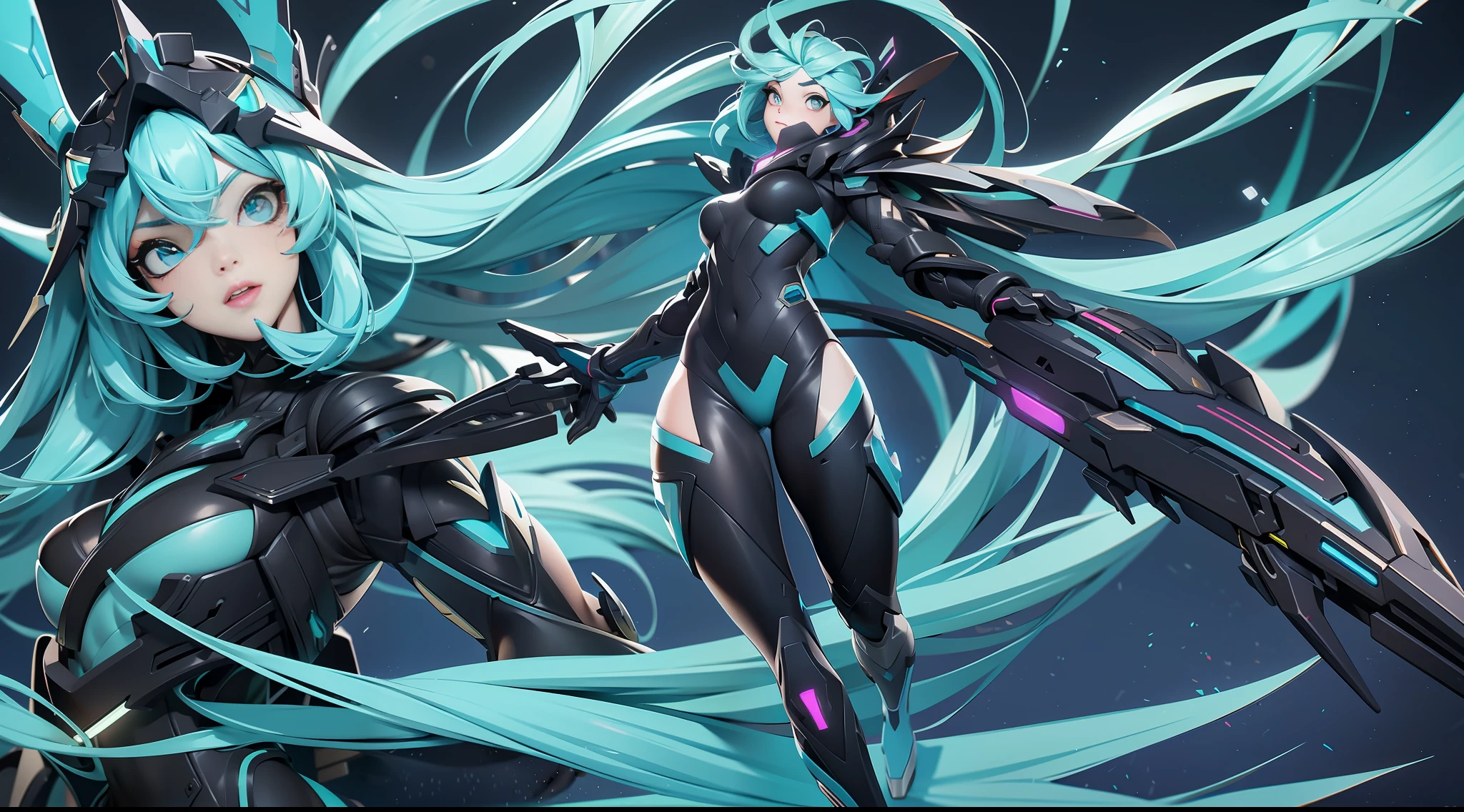 full body picture Unreal Engine 5 8K UHD of a beautiful adult girl, long cyan hair, wearing futuristic black tight battle suit, futuristic half face mask, cyan light details, best quality, masterpiece
