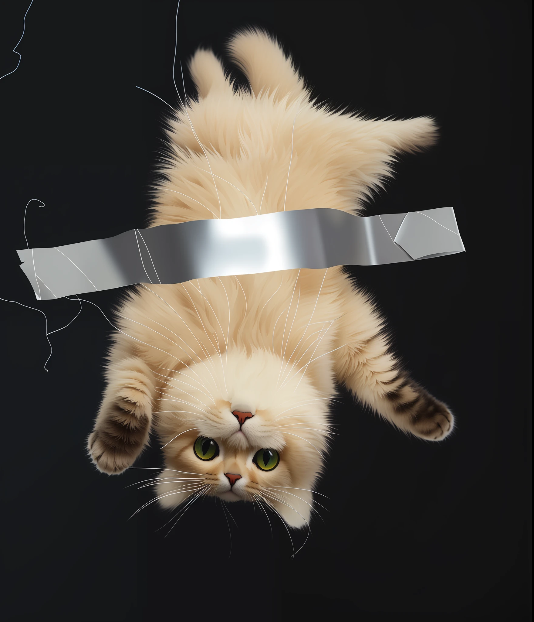 A cat hanging upside down with tape on its belly,Adhesive tape metallic texture,Realistic cats