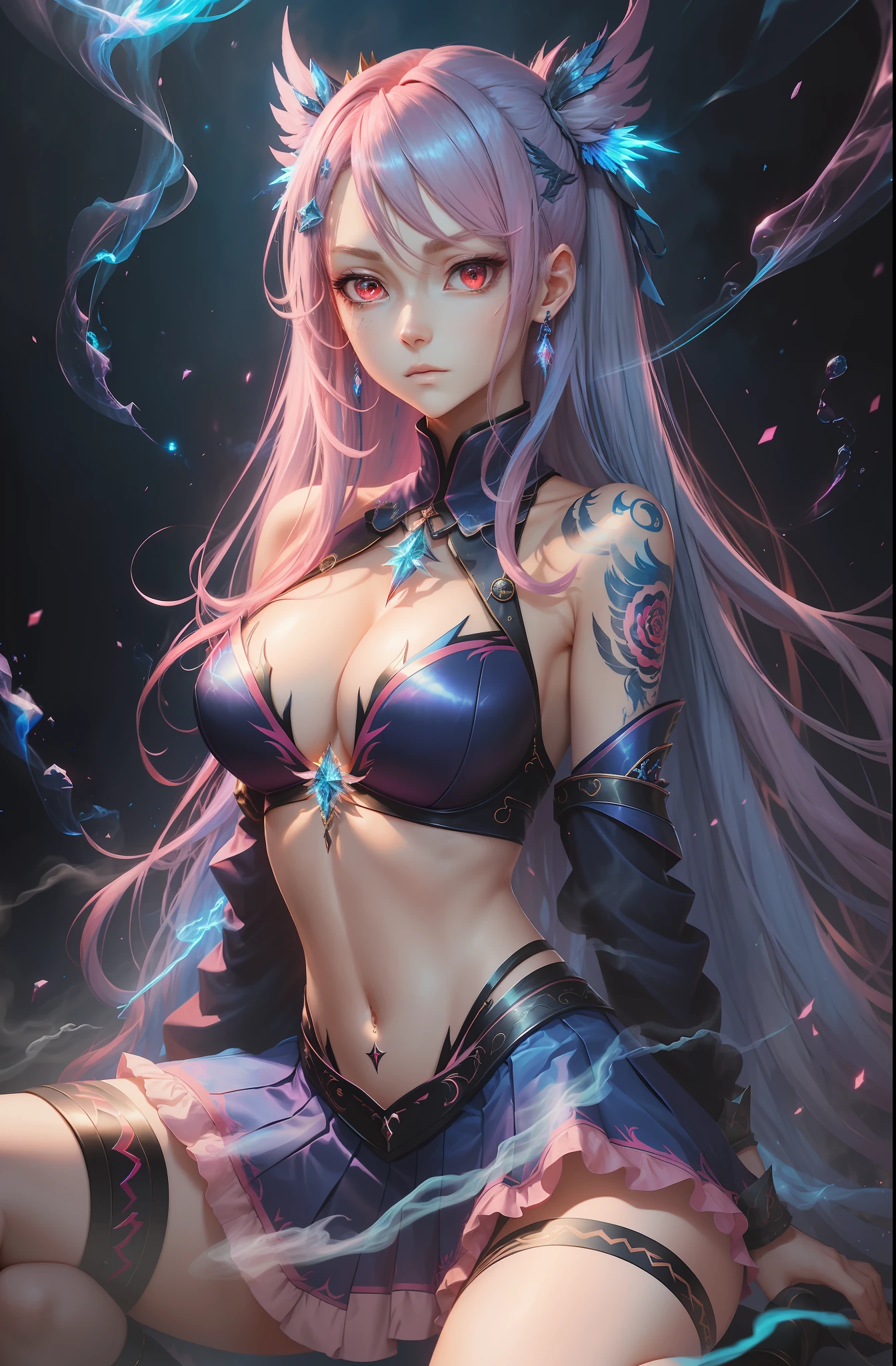 Masterpiece, top quality, pink hair, blue lightning, realistic, realistic details, details. Blue clothes. Blue thunder. Blue crystal. Airborne particles. Blue smoke. Blue crystals around. Blue smoke wafting around. Kneeling. Warping the body. Warping the body. Devil's wings. Tattoo. Tattoo. Get on your knees.
1 girl, beauty, seductive face,, fine skin, anicos_inori,, long hair, navel, parted sleeves, bare shoulders, center opening, cleavage, middle breast, long feathered hair clip, blue hair ornament, red eyes, thigh height,look at viewer,isekai,mini skirt、darkness ochi. Luminous eyes.