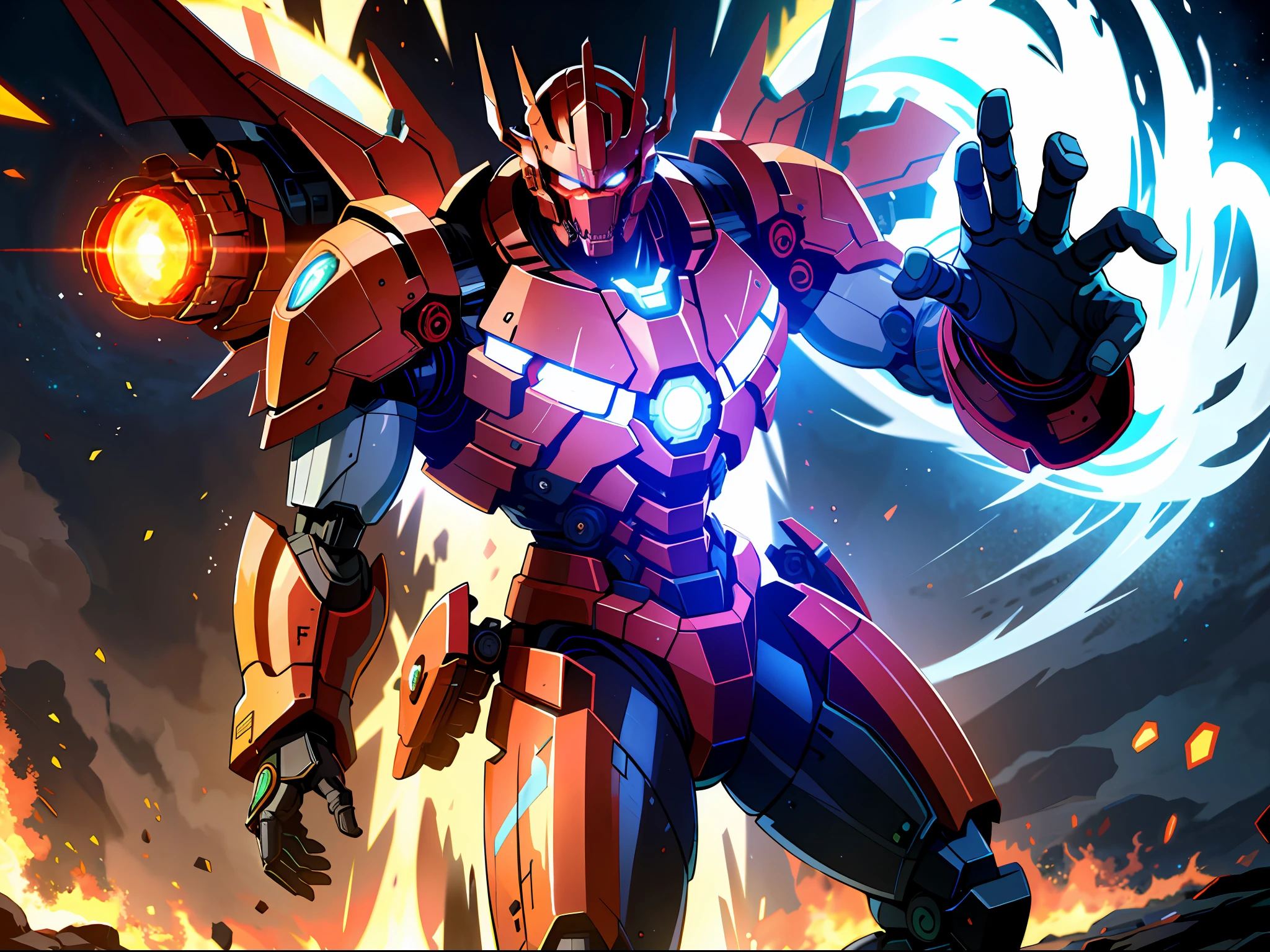 high resolusion，maximum quality，illustartion，Hyperdetailed，A mighty and domineering red giant mech，Pacific Rim，In his hand was a spar that emitted a white glow