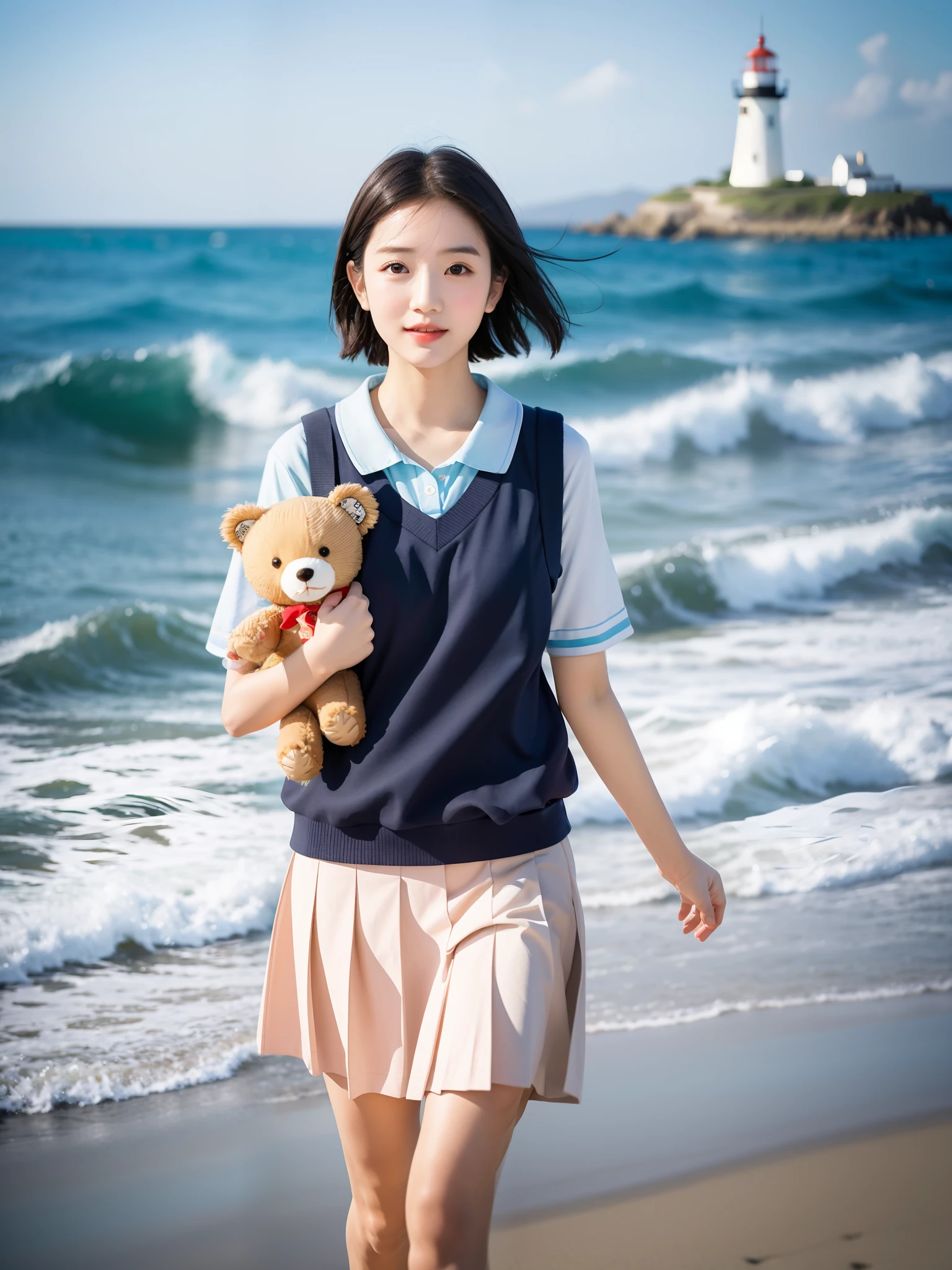 Coastal beauty,1girle,(short hair),school uniforms,(big eye,Thin face,White skin,Carefree expression),sandy beach background,lighthouse,gentle sea breeze,playful pose,Dynamic composition,Blurred background,Rich colors,Fine details,50mm lens,relaxed atmosphere。portrait photography,35mm film,Nature blurs beautiful and clear eyes,simple blurred background,Extreme detail description,meili,glamorous,Super fine painting,Exquisite Face,exquisite body,Fine collarbones, lovely lips,long slim legs,Full-body photo of standing,(8k,RAW photos,Bestquality,A Masterpiece:1.2),(lifelike,photo-realistic:1.37),Holding a teddy bear in both hands