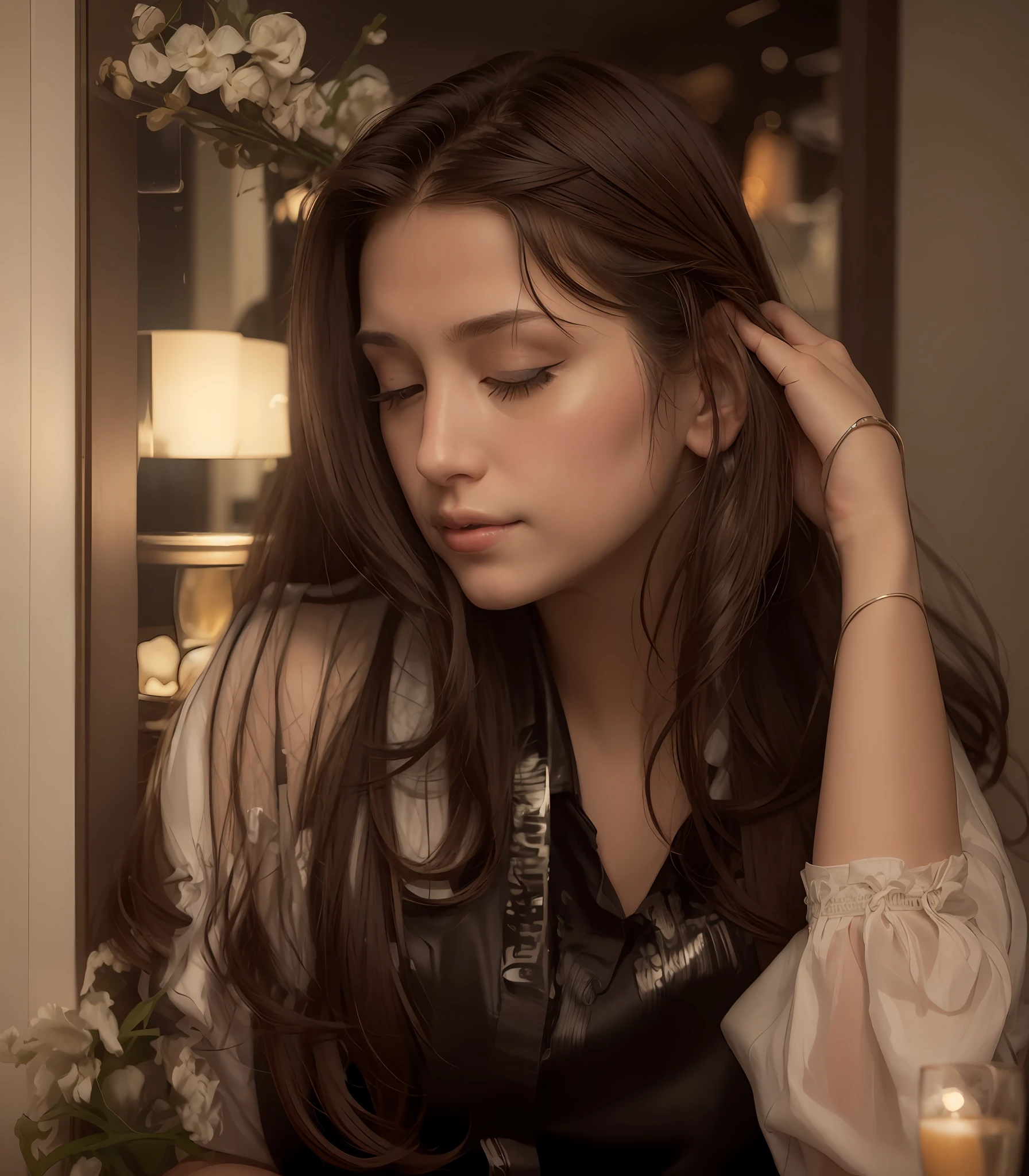 (8k, best quality, masterpiece:1.2), (realistic, photo-realistic:1.37), ultra-detailed, 1 girl, cute, solo, beautiful detailed sky, detailed cafe, night, sitting, dating, (nose blush), (smile:1.15), (closed mouth) small breasts, beautiful detailed eyes, (collared shirt:1.1), night, wet, business attire, rain, white lace, (short hair:1.2), floating hair NovaFrogStyle, topless,
