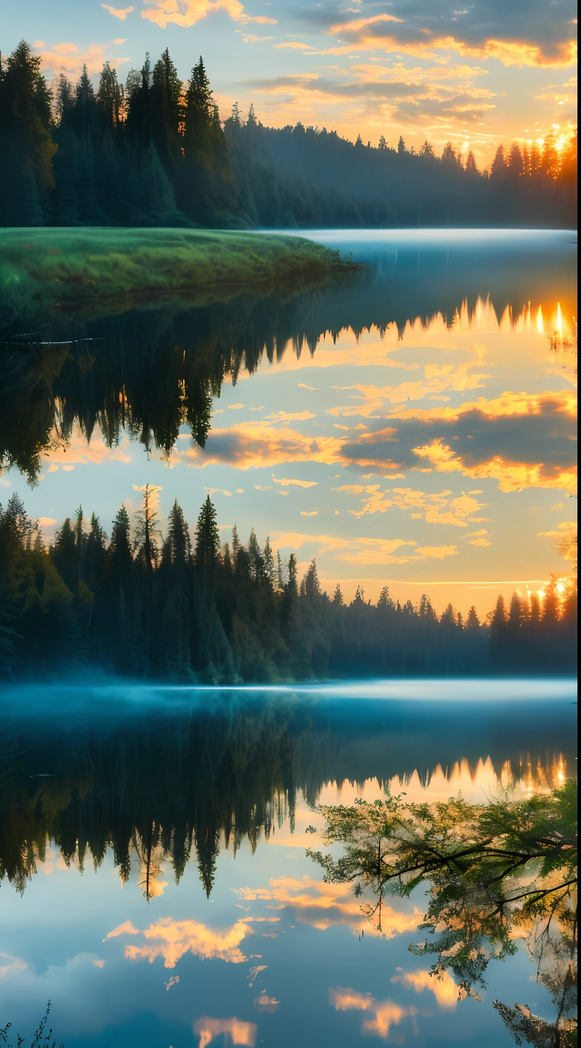 wallpaper, summer, lake, dawn, forest, detailed forest, clouds, masterpiece, cinematic, soft light, depth of field, ray tracing, reflection in water, realism, ulra detailed,