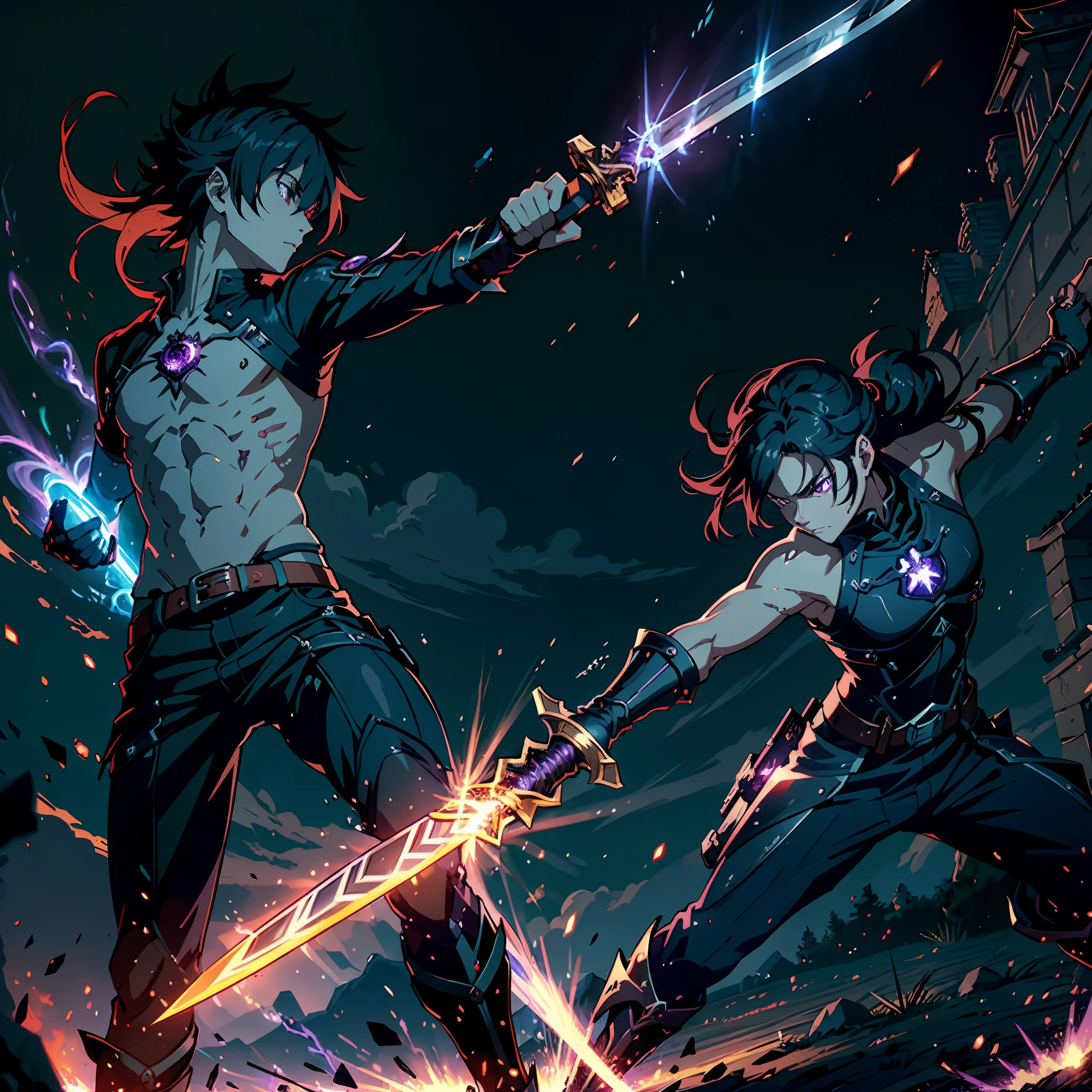 ((Bestquality)), ((A Masterpiece、)), (DETAILED), (realisti), (Official Art), (extremely detailed CG unity 8k wallpaper), warrior Kirito wielding dual red and purple swords, (swordsmanship mastery), (intense battle scene), (dynamic poses), (epic fantasy), (the high，-stakes combat), (cinematic Lighting), floating hair, determined expression, (elaborate armor), (crimson and amethyst blades), (energy aura), (epic confrontation), (,anime,-inspired), (powerful strikes), (sword trails), (heroic aura), (fierce determination), 8k resolution