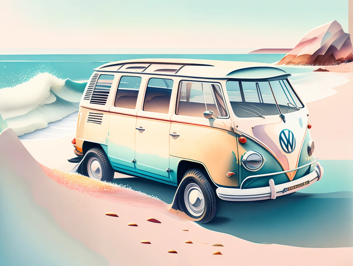 graphic design, flat design, VW Beatle 1966 off-road, passing through a beach, watercolor splashes, highly detailed clean, photorealistic masterpiece, professional photography, realistic car, Pastel background, isometric, vibrant color vector