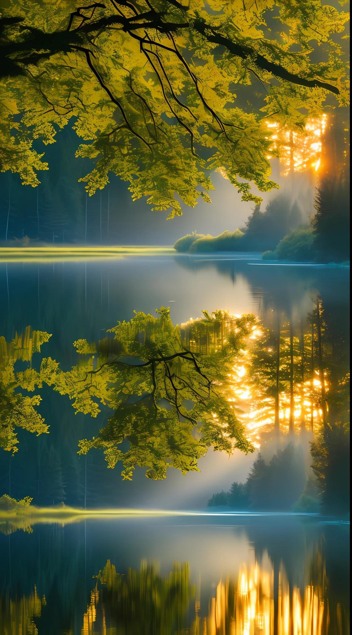 wallpaper, summer, lake, dawn, forest, detailed forest, clouds, masterpiece, cinematic, soft light, depth of field, ray tracing, reflection in water, realism, ulra detailed,