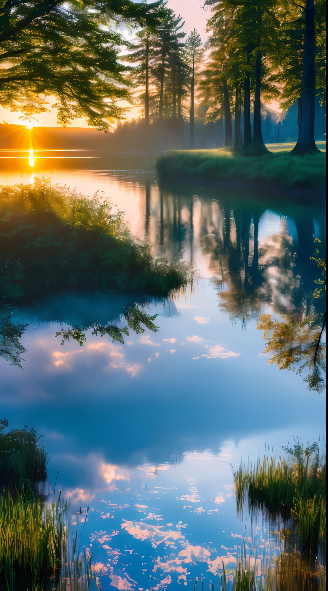 wallpaper, summer, lake, dawn, forest, detailed forest, clouds, masterpiece, cinematic, soft light, depth of field, ray tracing, reflection in water, realism, ulra detailed,